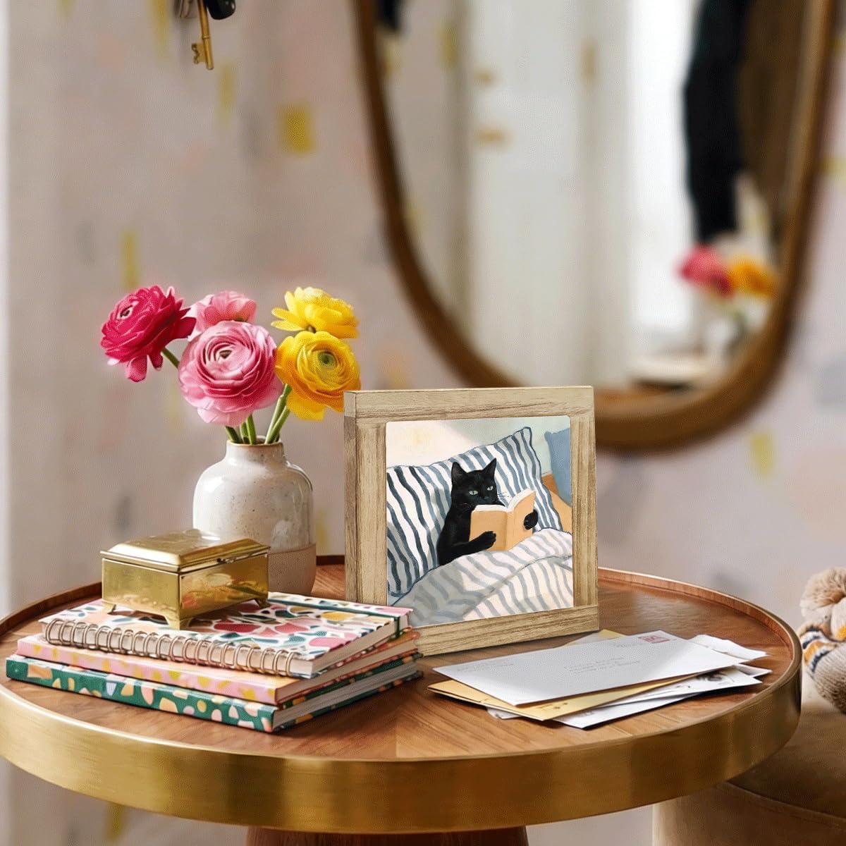 Funny Black Cat Reading in Bed Art, Mini Framed Cat Painting, Wooden Box Sign Decor for Bedroom Home Office Desk Shelf, Book Lover Cat Gift image 4