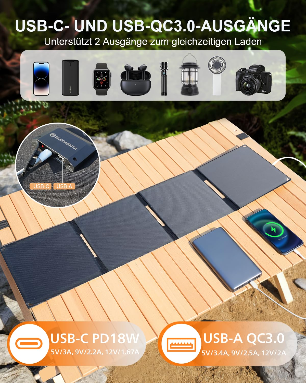 ELECAENTA 30W ETFE HPBC Solar Ladegerät 2-Port USB-C PD20W QC3.0 IP68 Wasserdicht Faltbar Solar Panel für iPhone/Android Handy, Smartphone, Tablet, Powerbank, Kamera, Outdoor, Camping, Reisen, 0.5kg
