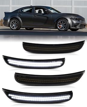 White LED Side Marker Lights for Dodge Charger 2015 2016 2017 2018 2019 2020 2021 2022 2023 2024 2025 2026, Front Rear Bumper Fender Lamps, Smoked Lens 4PCS