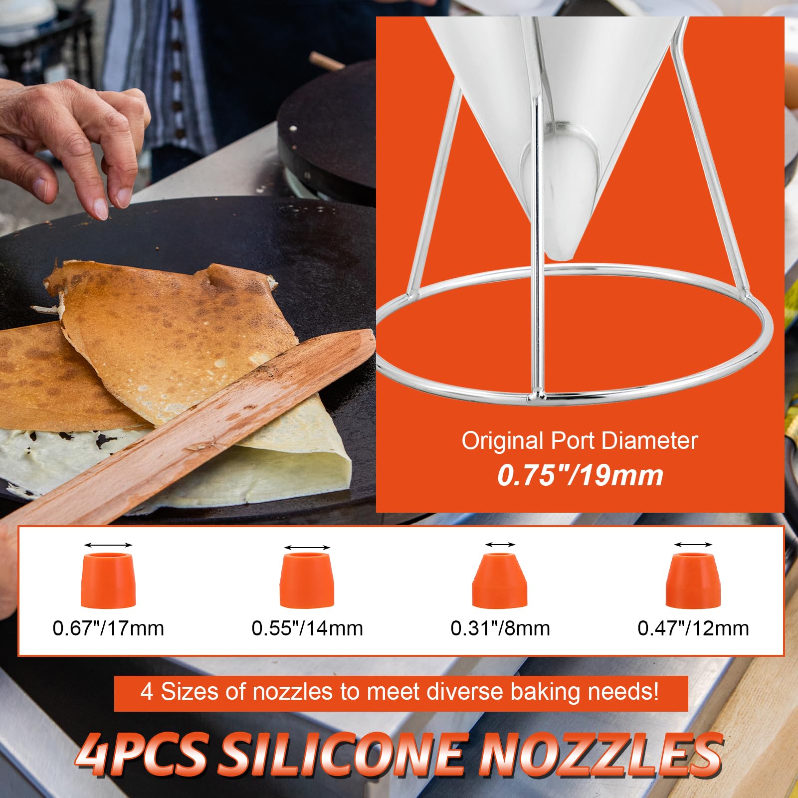 Dispensador de masa de panqueques de acero inoxidable de 40 onzas, dispensador de pastel de embudo de varios calibre con soporte, apto para panqueques, cupcakes, gofres y productos horneados 5