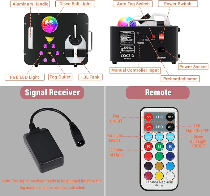 Máquina de humo para DJ 1000W con luces LED y bola de disco miniatura 5