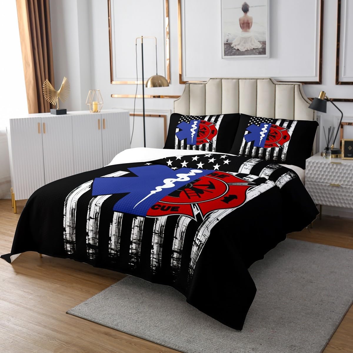 Firefighter EMT Badge Bedspread Quilt,Practitioner Fireman Themed Bedding Coverlet for All Season Bedroom,Stars Stripes American Flag Decorative Polyester Quilted for Boys Teens Room Gift,Soft