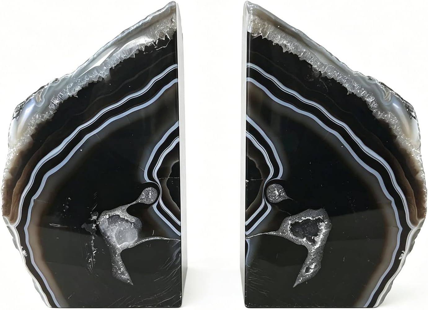 JIC Gem Black Agate Geode Bookends Rubber Bumpers Heavy Stoppers 4-6 Lbs