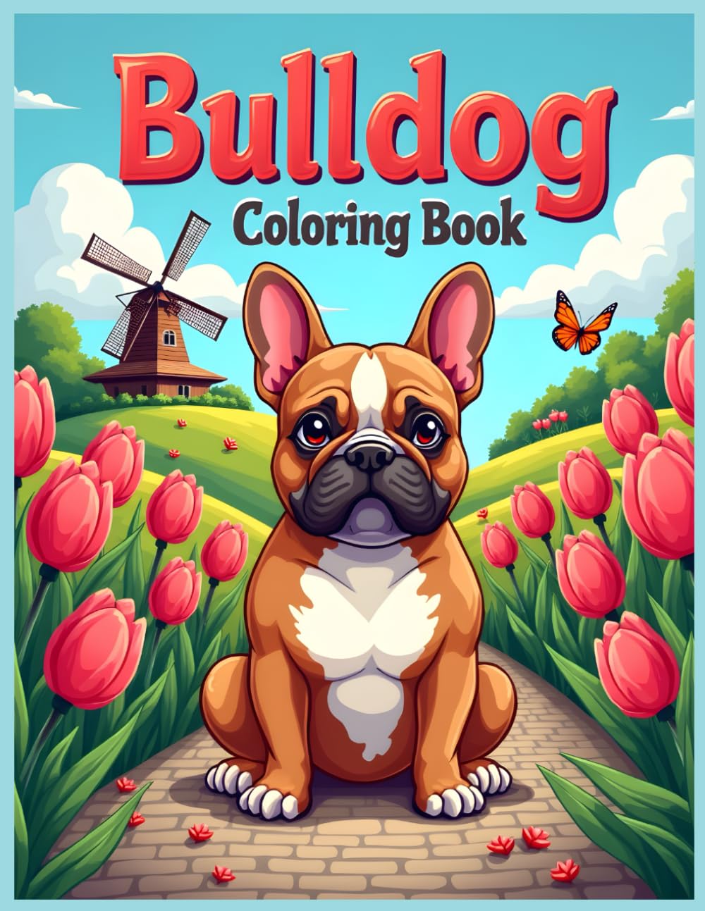 French Bulldog Dog Coloring Book: French Bulldog Sitting Countryside Scene with Flowers, Butterflies Coloring Pages for Stress Relief