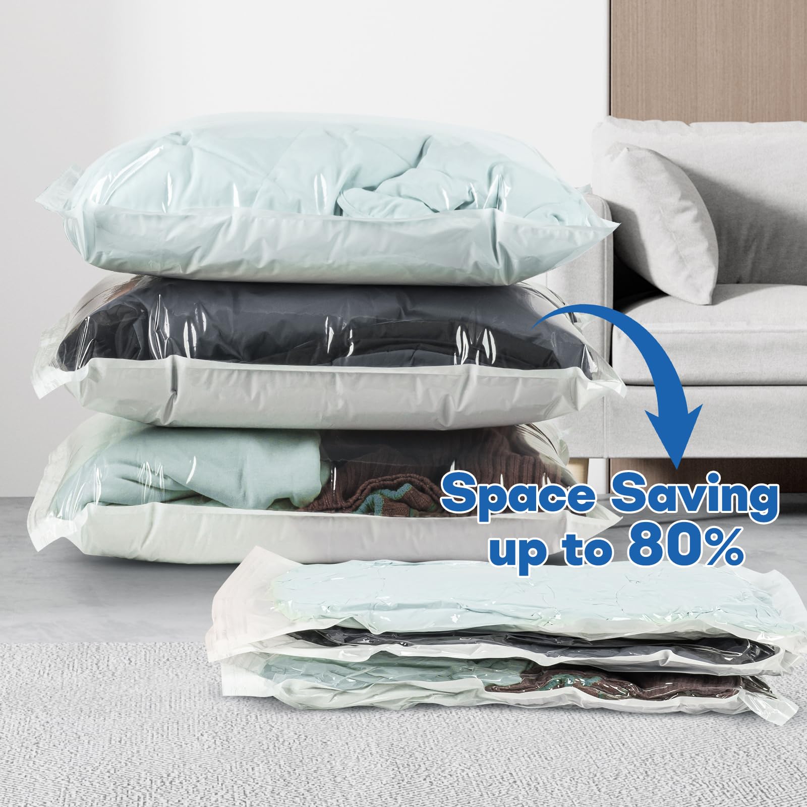 Confezione da 6 sacchetti sottovuoto grandi (80 x 60 cm), riutilizzabili, a compressione, salvaspazio, per vestiti, materassi, coperte, piumini, cuscini, trapunte, viaggi (pompa non inclusa)