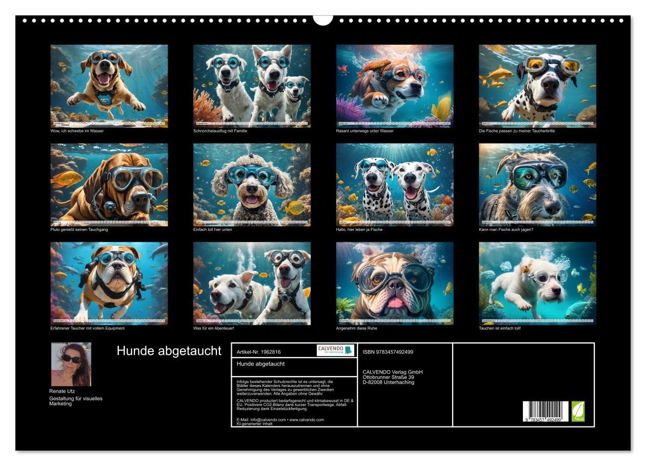Hunde abgetaucht (Wandkalender 2026 DIN A2 quer), CALVENDO Monatskalender: Amüsante Bilder tauchender Hunde aller Rassen in einer traumhaften Unterwasserwelt (CALVENDO Tiere)