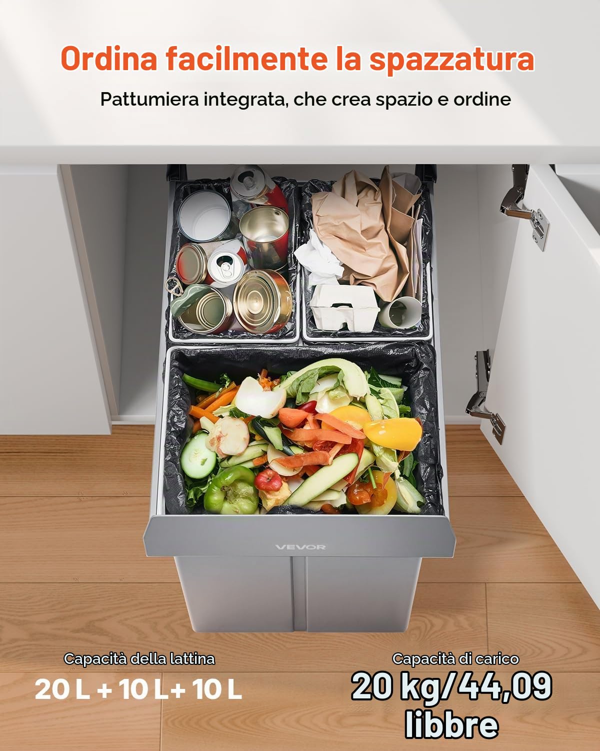 VEVOR Pattumiera Estensibile Portarifiuti da Cucina 20+10+10 L Pattumiera Sottolavello da Incasso Cestino per Rifiuti da Cucina Sistema Scorrevole a Estrazione in Metallo Maniglia