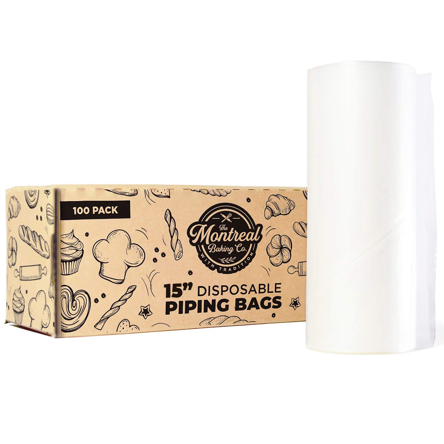 Industrial Strength 15 Inch Disposable Piping Bags | 100 Roll Dispenser Box - 100% Food Grade Disposable Pastry Bags - Cake Decorating Bags, Icing Bags, and Food Preparation Bags