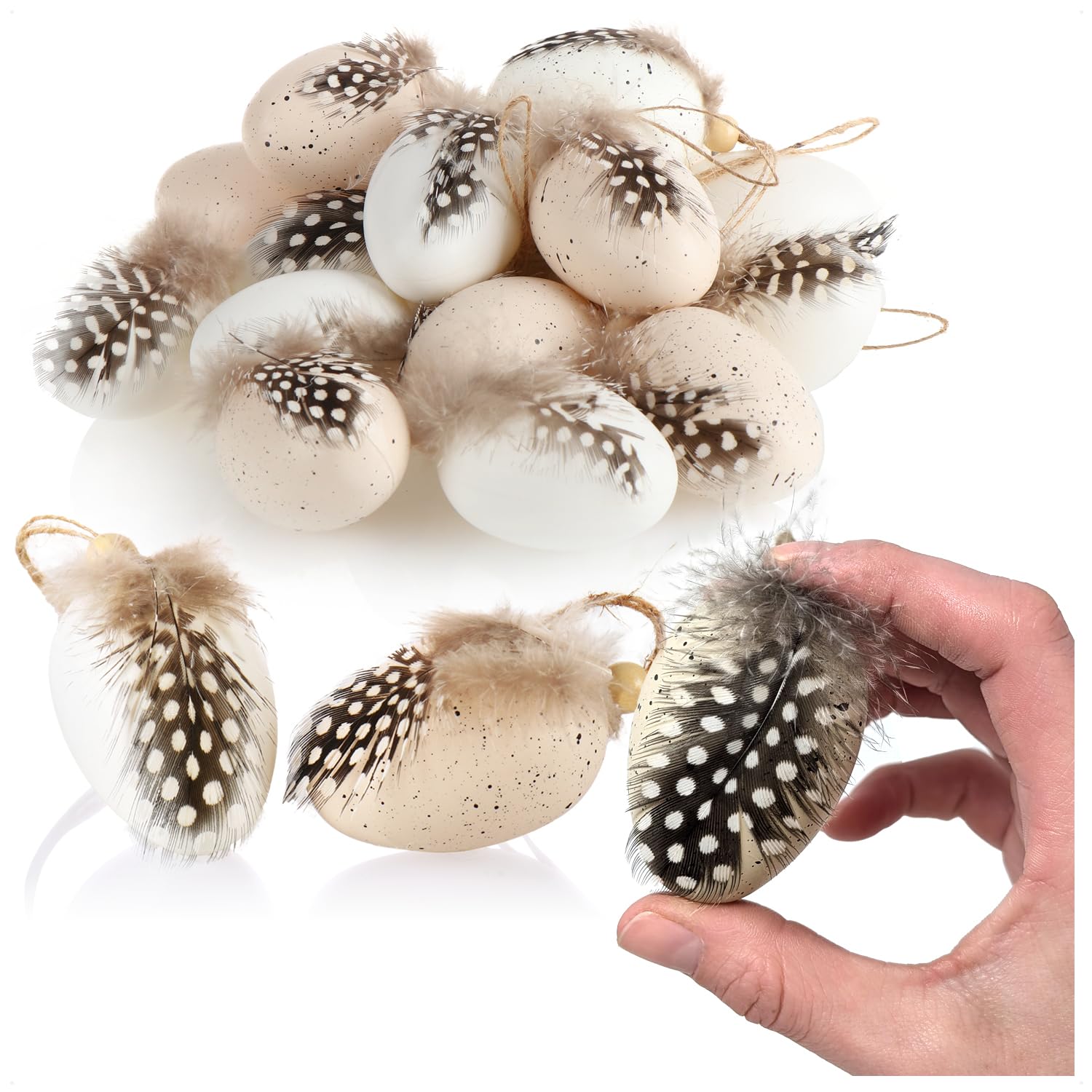 COM-FOUR® 18x Easter eggs to hang - hanging decoration for the Easter bush 7 x 4 cm - decorative Easter eggs with feathers and wooden beads in quail egg look