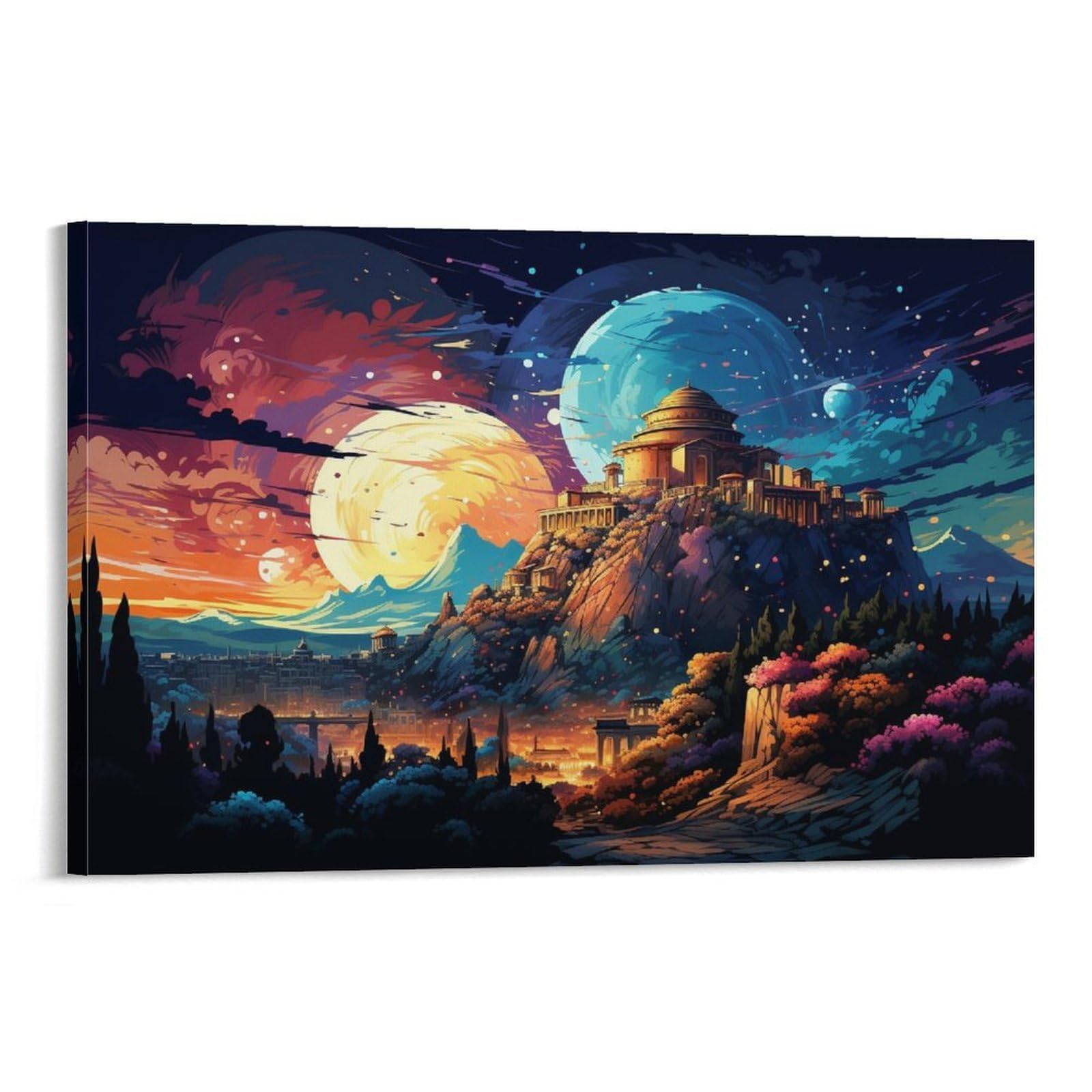 CPLVKWRQJ Bright Magical Colorful Single Fantasy Alien Temple Landscape Canvas Wall Art - Fade Resistant Ready to Hang Living Room Focal Point Wall Decor 20x30inch(50x75cm)