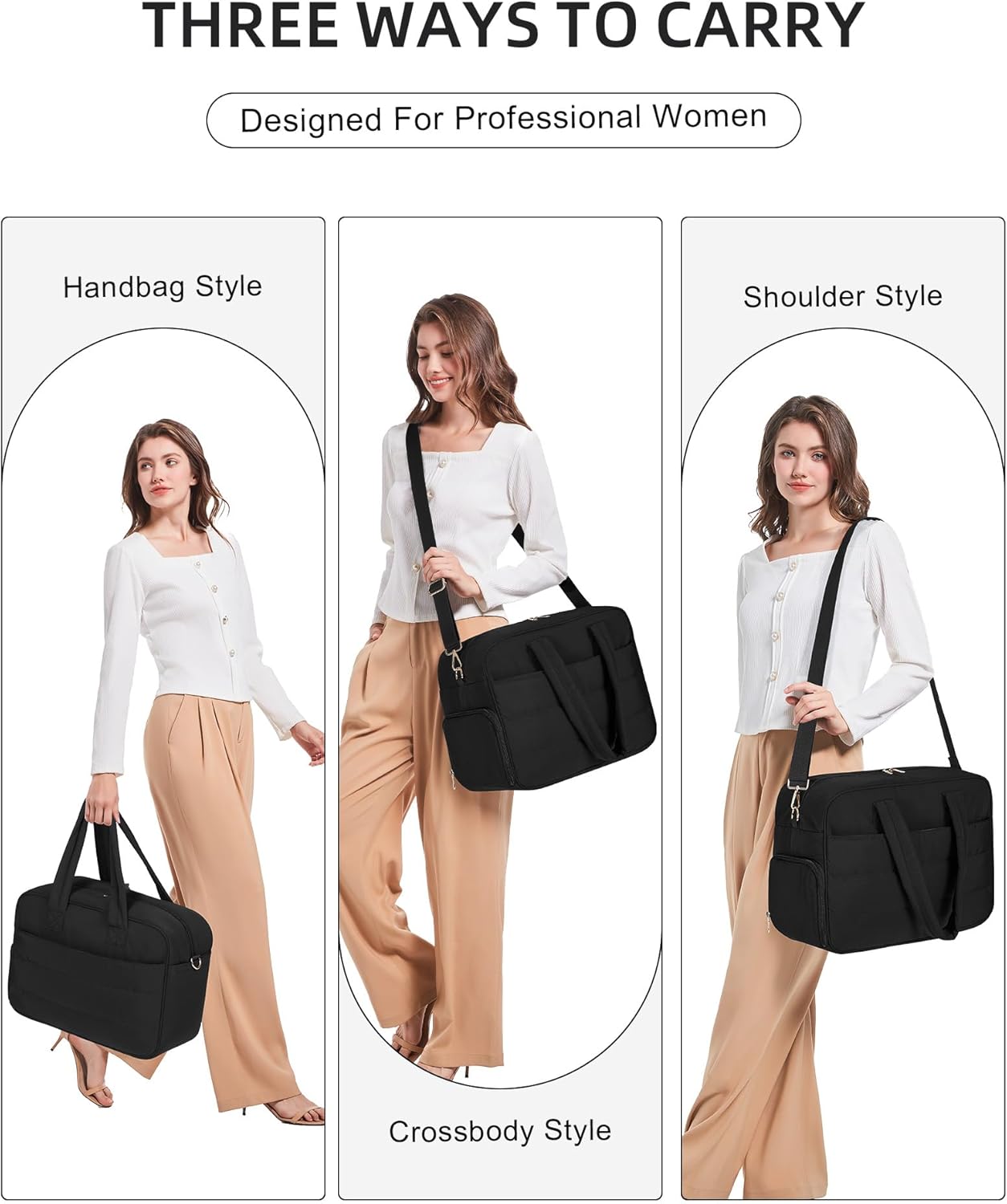 Lunch Tote Bag for Women Work, 17.3 Inch Laptop Purse with Insulated Lunch Compartment Coin Wallet for Meal, Large Puffy Quilted Travel Duffle Bag Black - Image 7