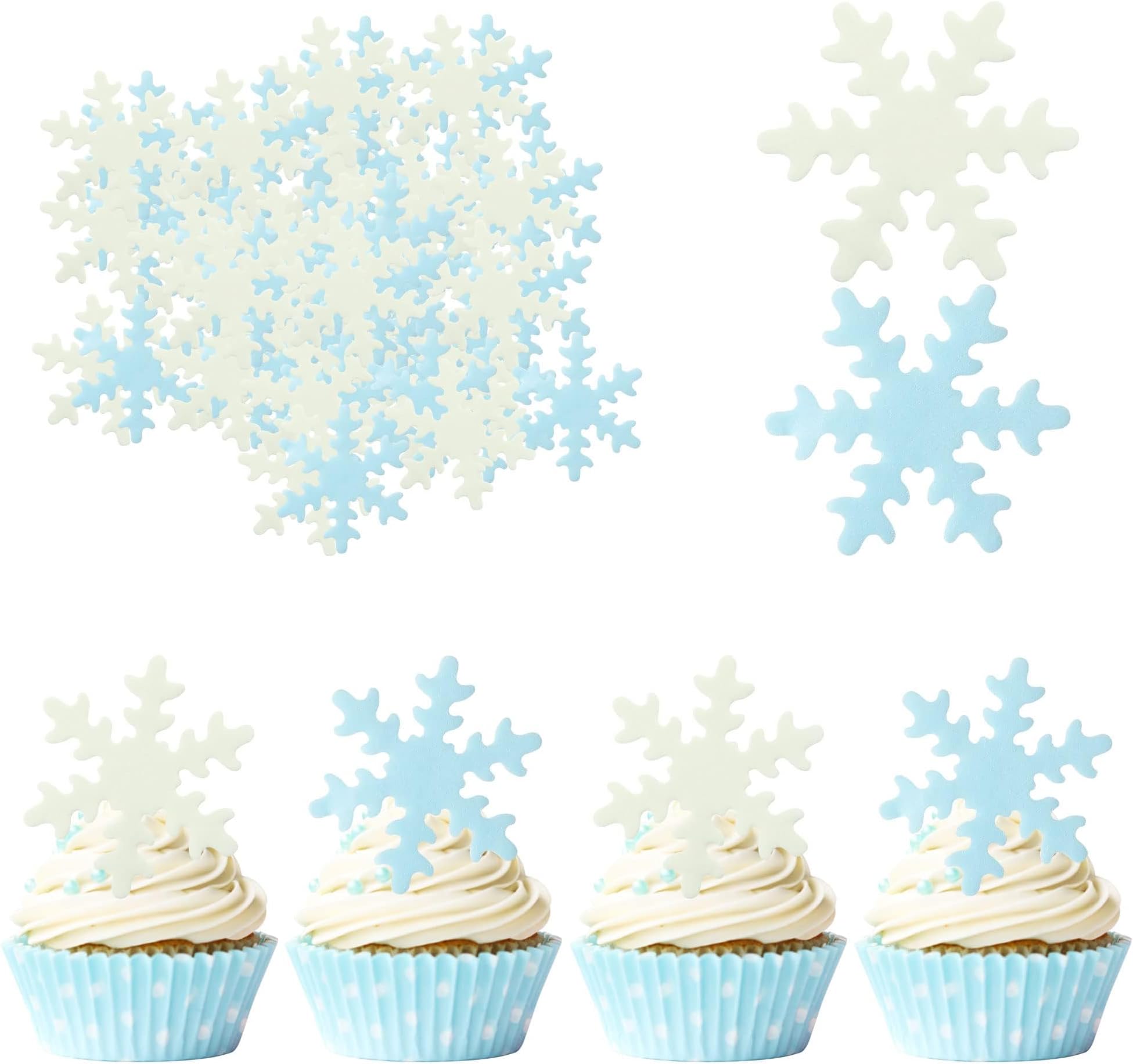 Tazweeq 50Pcs Blue White Edible Cupcake Toppers Snowflakes Cake Toppers, Snowflake Cake Decorations, Winter Icing Birthday Party Supplies