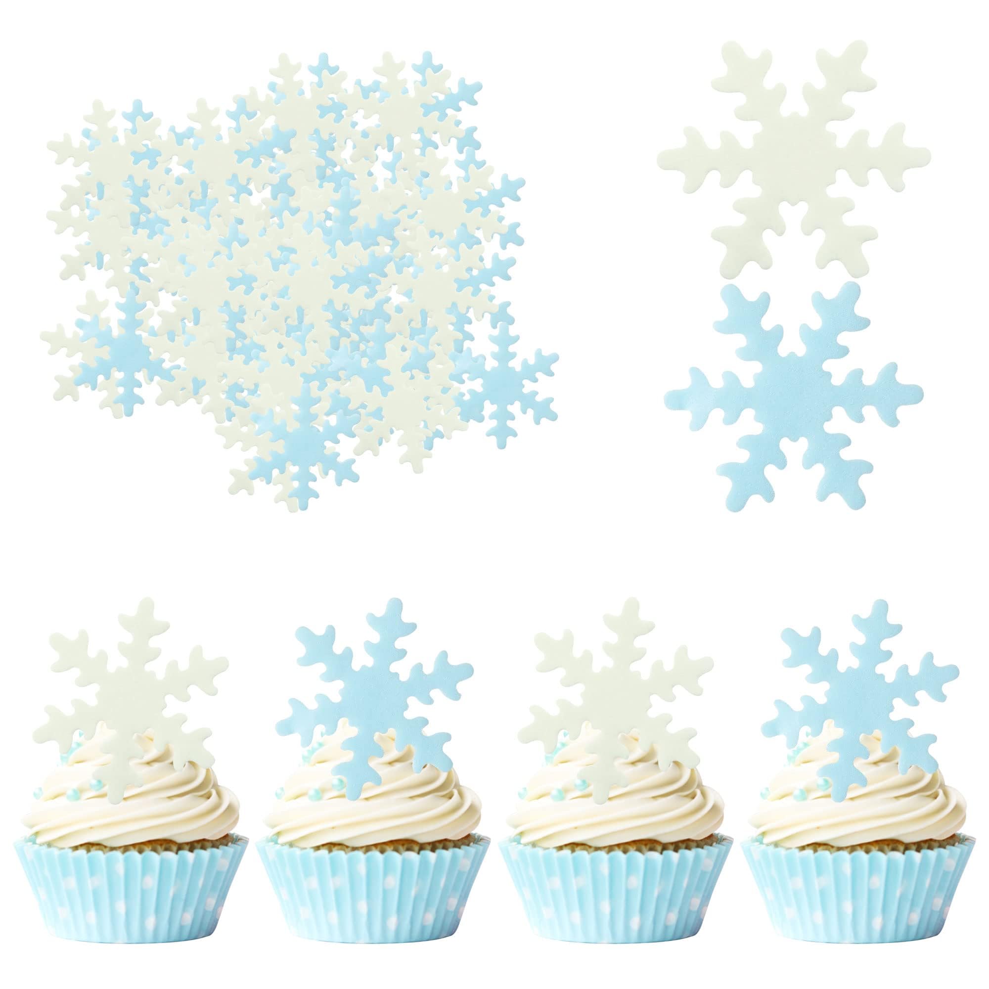 Tazweeq 50Pcs Blue White Edible Cupcake Toppers Snowflakes Cake Toppers, Snowflake Cake Decorations, Winter Icing Birthday Party Supplies