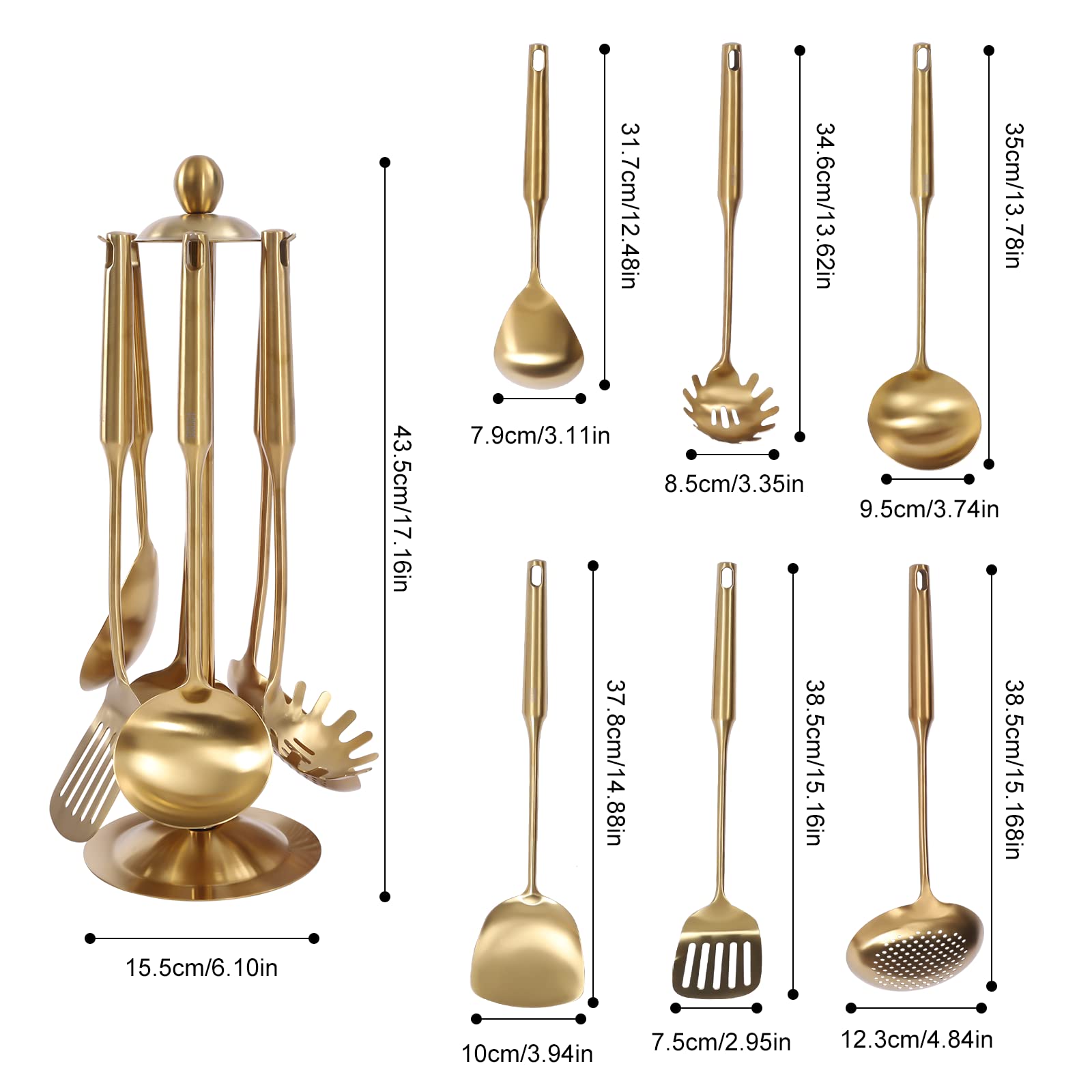 Gold Cooking Utensils Set with Holder, 7 PCS 304 Stainless Steel Cooking Kitchen Utensil Set with Rotating Holder, Spatula, Slotted Turner, Ladle, Skimmer, Pasta Server, Large Rice Spoon