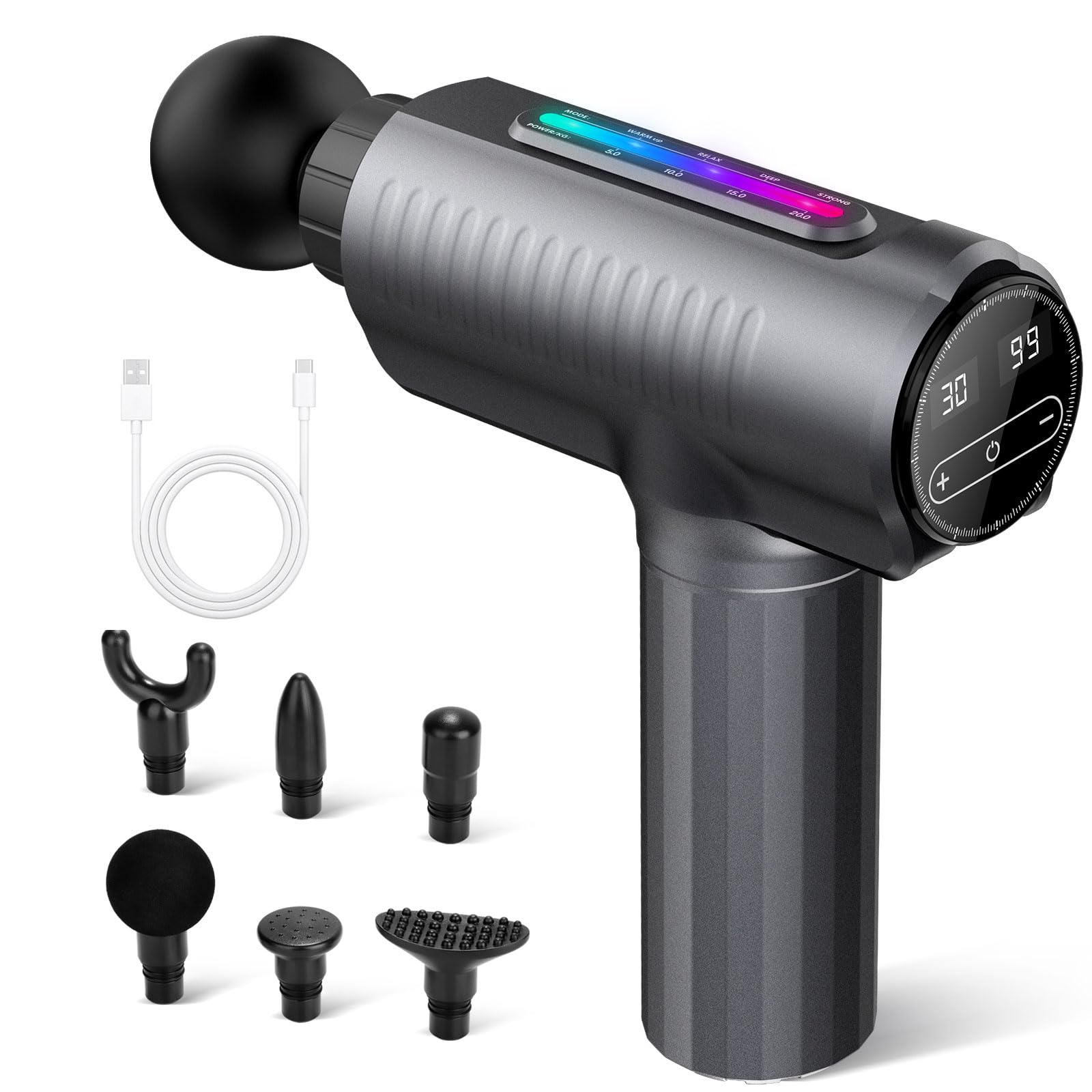 Sendowtek Portable Massage Gun, 30 Speed Powerful with 6 Massage Heads Type-C Charging Handheld Electric Massager Gun