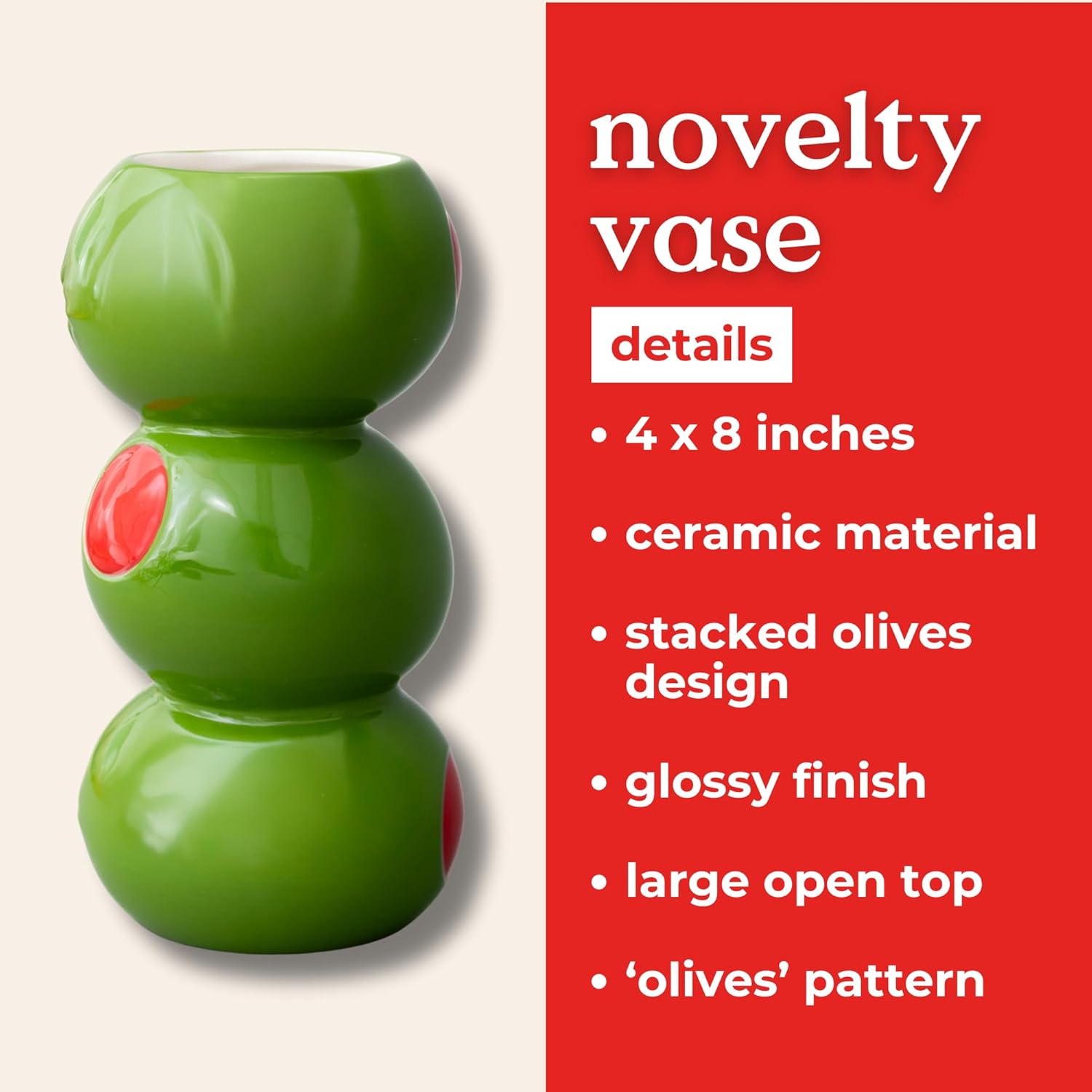 ban.do Decorative Ceramic Vase for Centerpiece, Tall Novelty Olive Vase for Home/Kitchen/Bar Cart (Olives)