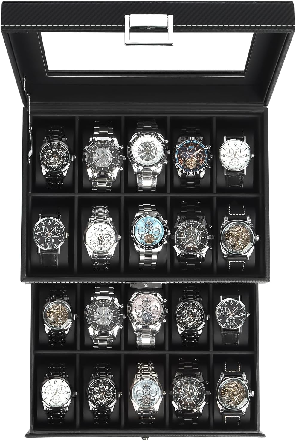 Watch Case for Men, 20-Slot 2-Layer Watch Box with Large Glass Lid, Watch Storage Organizer with Removable Watch Pillows, Men's Jewelry Box with Lock, Watch Holder Display Case, Gift for Men Women