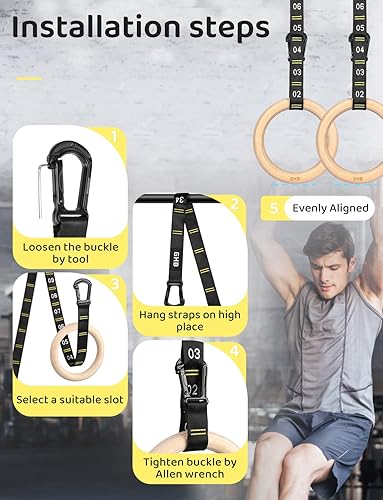 Miniatura 3 de GHB Anillos de gimnasia de madera, anillos de entrenamiento de 1.25 pulgadas, correas numeradas ajustables, juegos de anillos para entrenamiento de