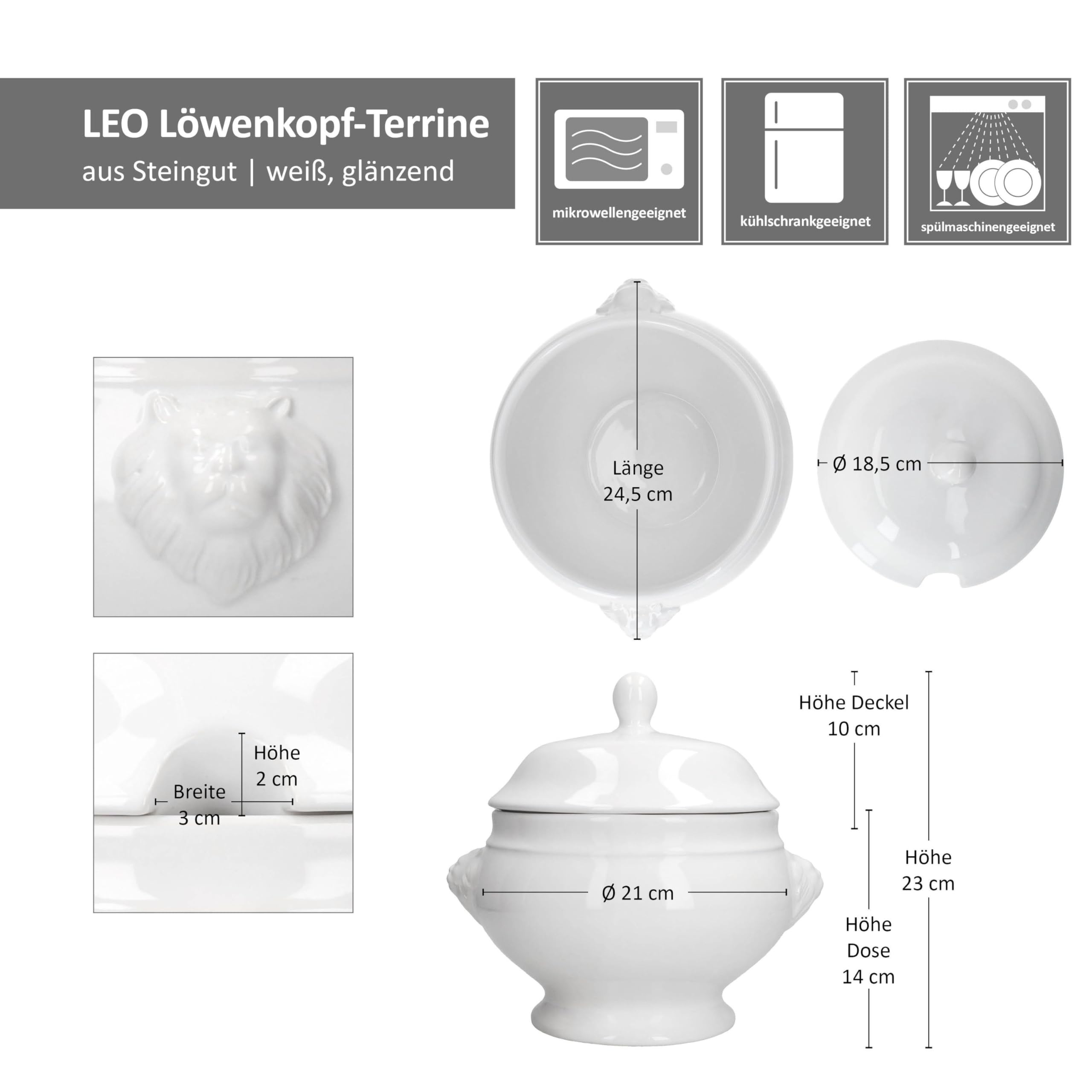 MamboCat Leo - Terrine tête de lion avec couvercle - Grand modèle - 2 l - Bol à soupe blanc traditionnel pour ragoûts ou plats One Pot avec têtes de lion - Bol à soupe XL pour soupe de mariage et