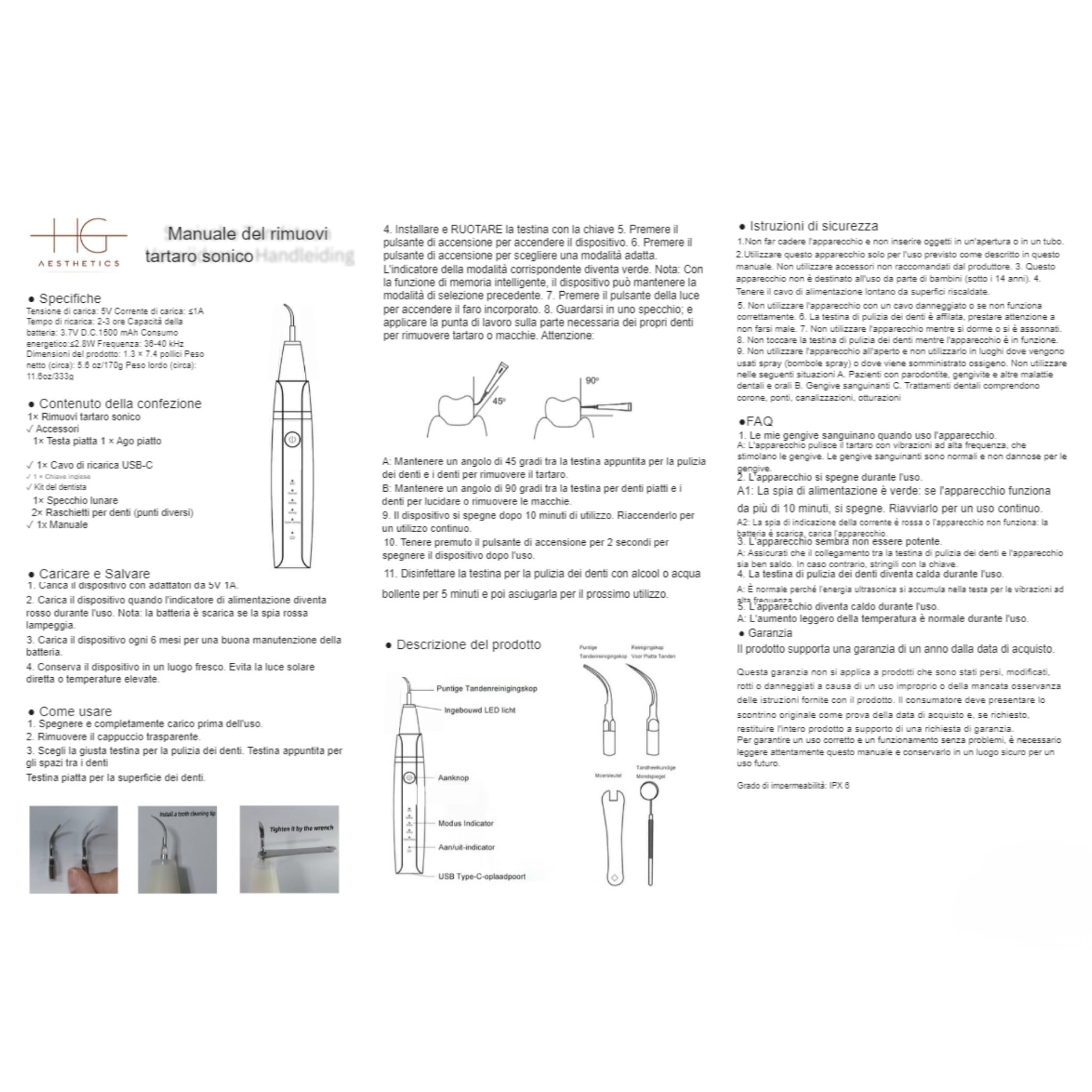 Detergente Ultrasonico per Denti – Rimuovi Placca e Tartaro con Luce LED – Pulitore Elettrico per Denti da Casa con Batteria Ricaricabile Type-C