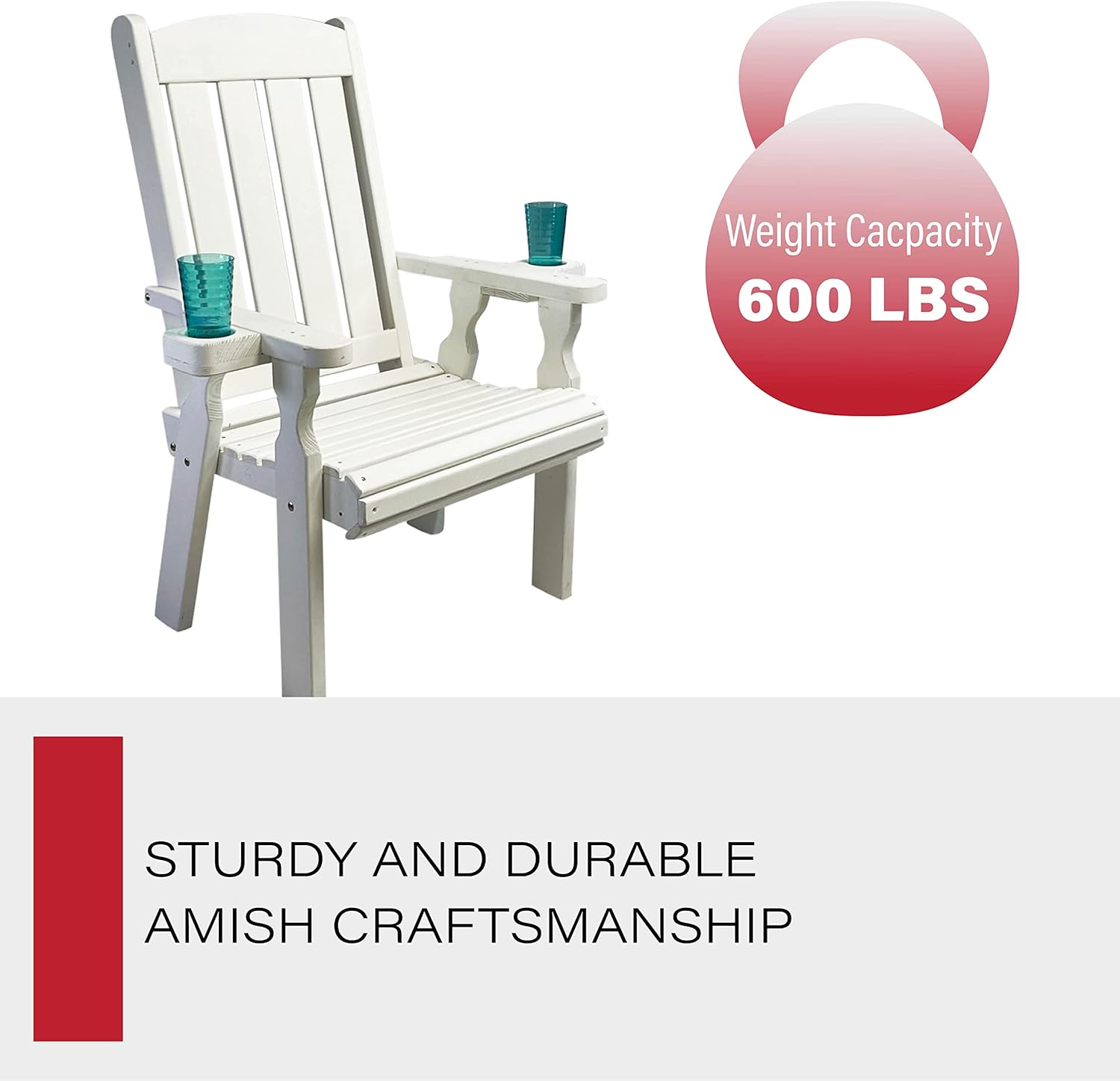Amish Casual Heavy Duty 600 Lb High Back Mission Treated Patio Chair with Cupholders (Semi-Solid White Stain)