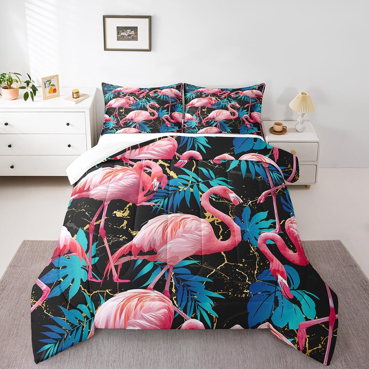 Castle Fairy Pink Flamingo Bedding Set,Tropical Animals Comforter,Blue Palm Leaves Home Decor,Golden Black Marble Artwork Duvet Duvet Cover Size 3Pcs,Birthday Gift,No Comforter