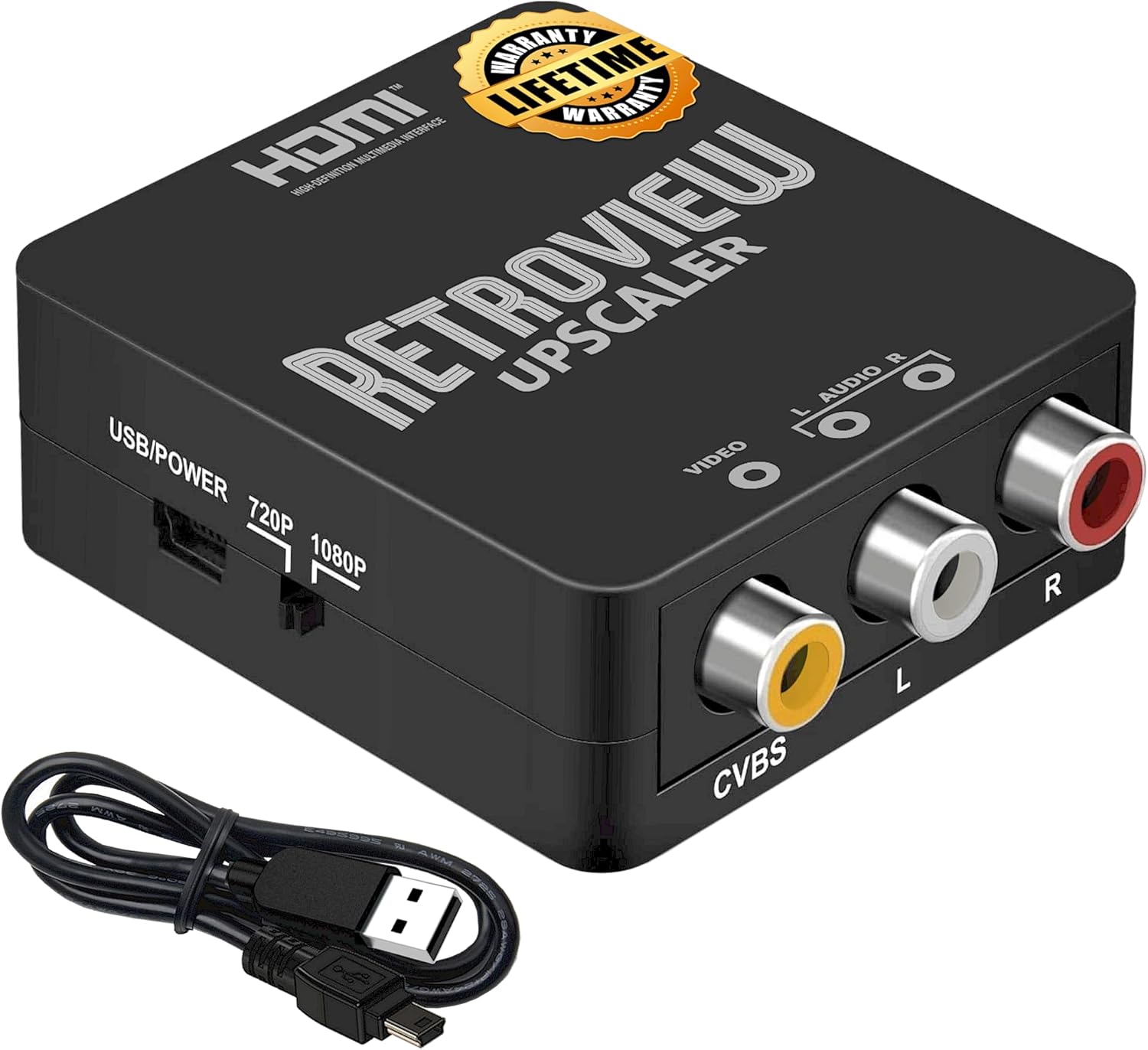 Audio Express RETROVIEW Video Upscaler, AV to HDMI Converter, RCA to HDMI, 720P/1080P for TV, PS2, PS3, Xbox, NES, SNES, SEGA, VHS, VCR, DVD, Blu-Ray, easily connect vintage devices to modern displays