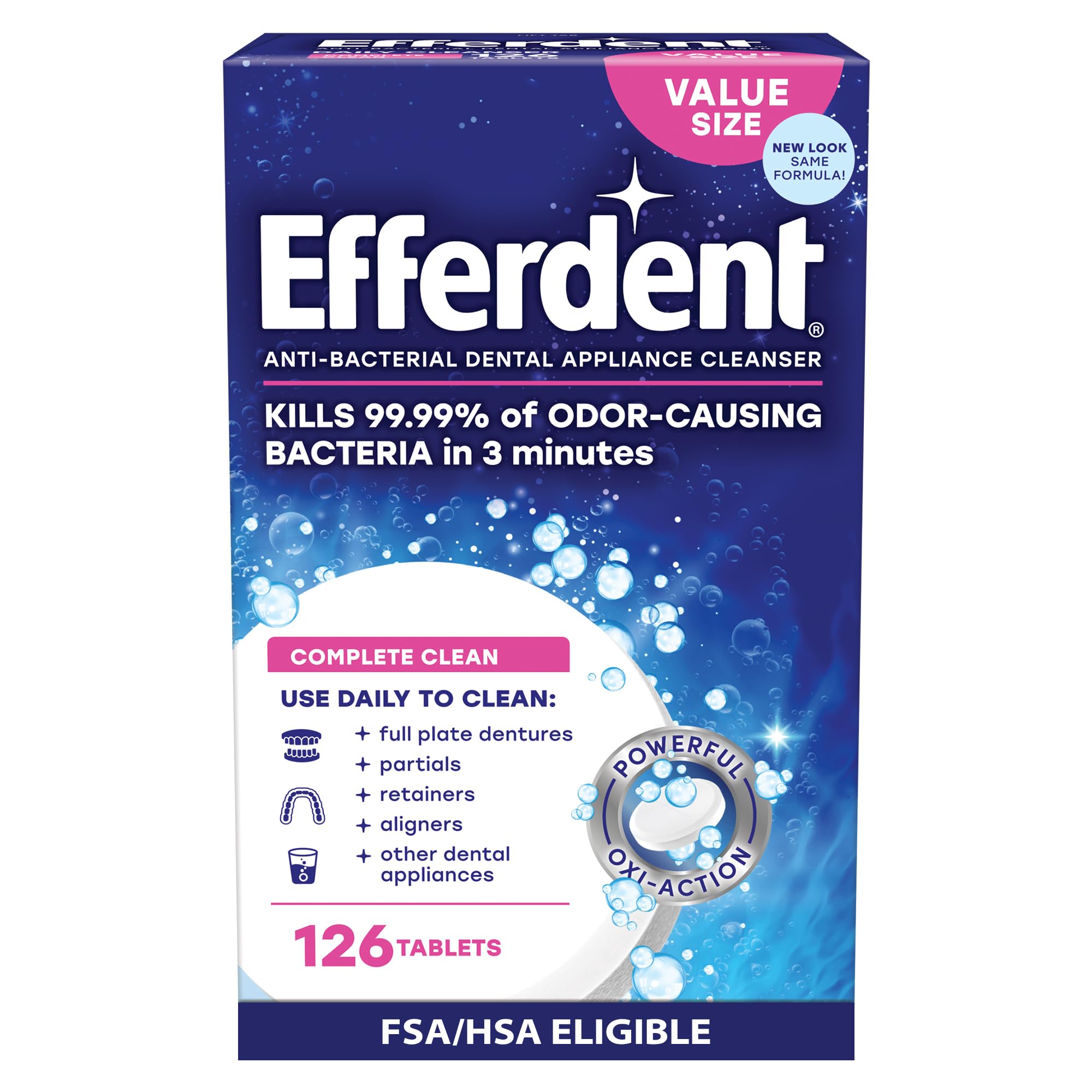 EfferdentRetainer Cleaning Tablets, Denture Cleanser Tablets for Dental Appliances, Complete Clean, 126 Tablets