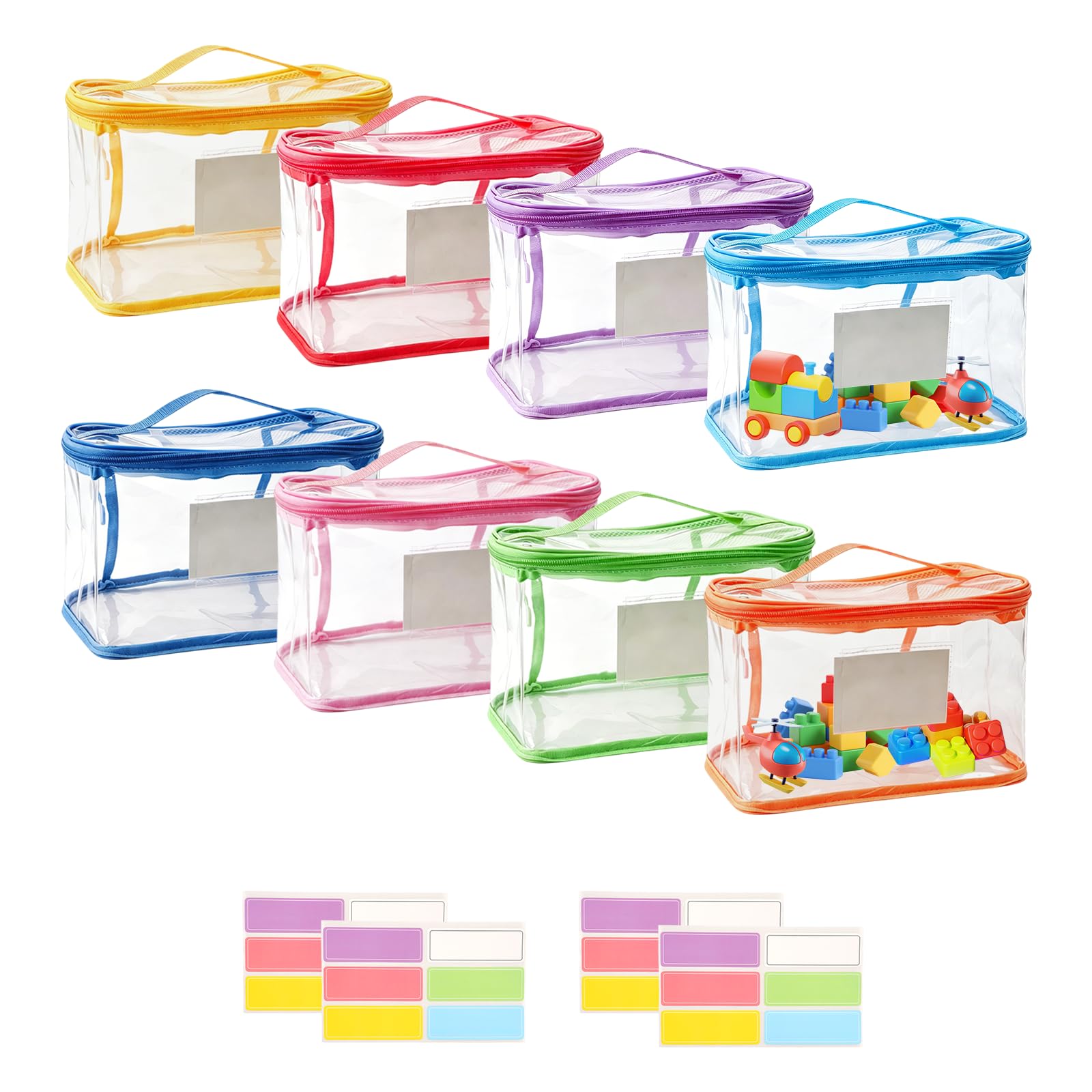 8 Packs Toy Storage Bags, Clear Storage Bags with Zipper, Waterproof PVC, for Board Game Storage, Puzzle Organising, Building Blocks & Crafts, with 4 Label Stickers (9.4x6.7x4.9 Inch)