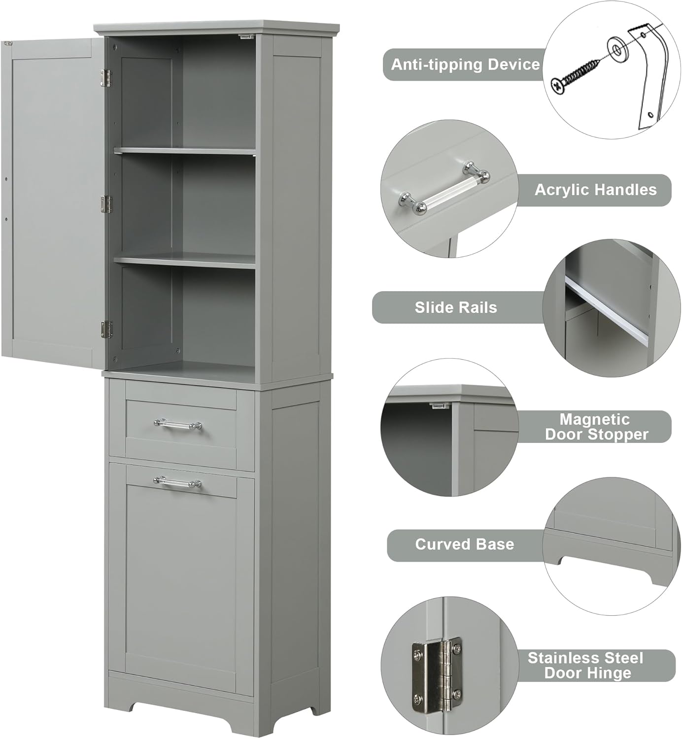 68“ H Tall Bathroom Storage Cabinet with 1 Door 2 Different Size Drawers Adjustable Shelves Freestanding Floor Cabinet for Bathroom Living Room Entryway Kitchen (Gray)