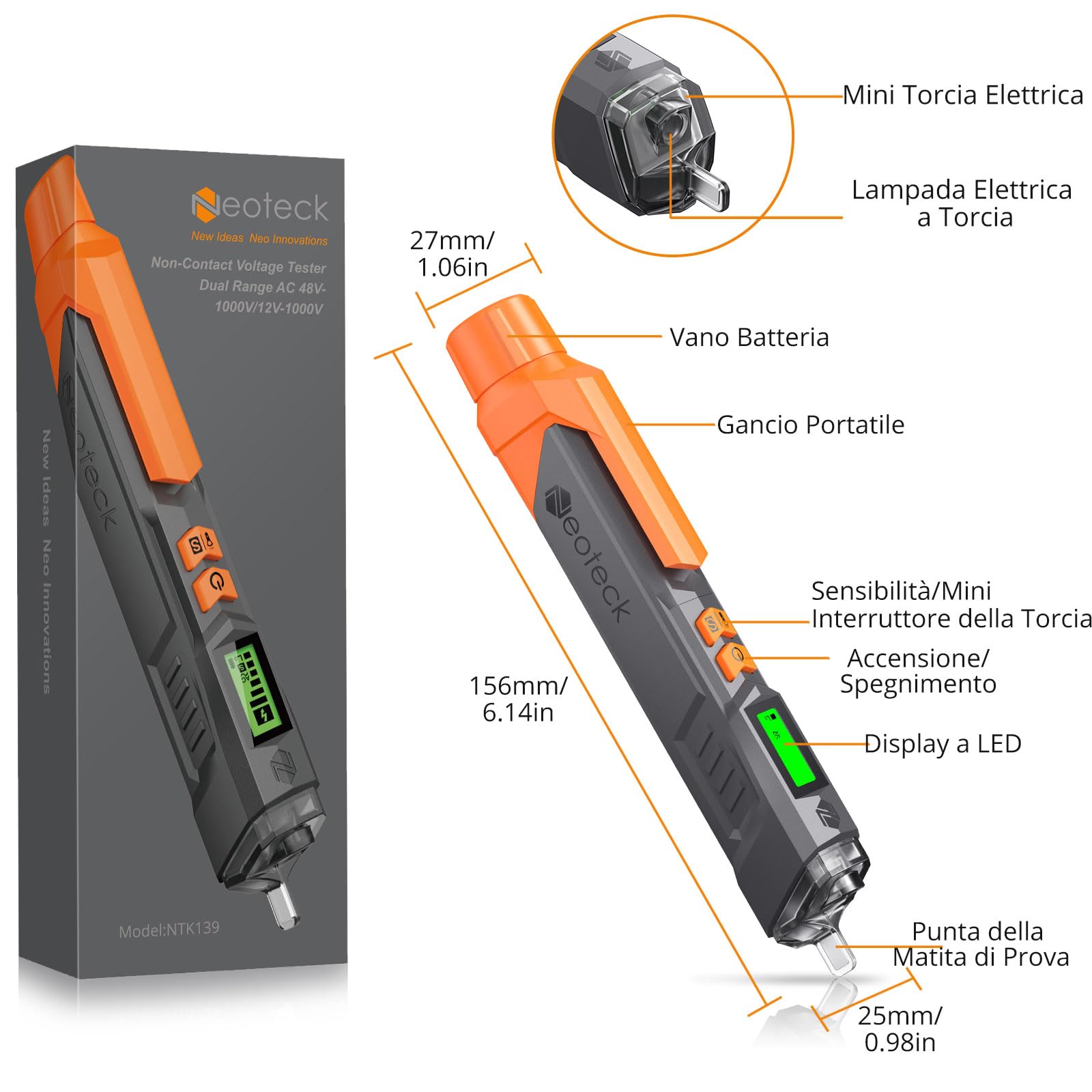 Neoteck Tester di Tensione AC 12-1000V/48V-1000V Cercafase Senza Contatto con Penna Sensibilità Regolabile, Penna Rilevatore di Corrente con Display LCD, Torcia LED, Allarme Sonoro e Luminoso | Rilevatore a doppia sensibilità regolabile da 12 V/48 V-1000