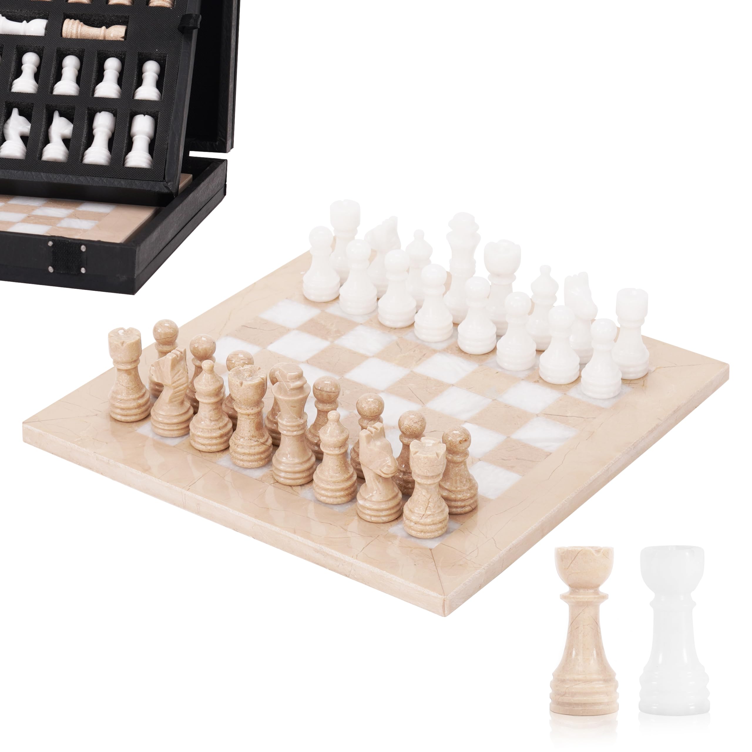 Set di scacchi in marmo per adulti, 25,4 cm, fatto a mano, Verona e gioco da tavolo bianco, con 32 pezzi di scacchi, 2 regine extra e scatola portaoggetti, gioco da viaggio di lusso, regalo elegante