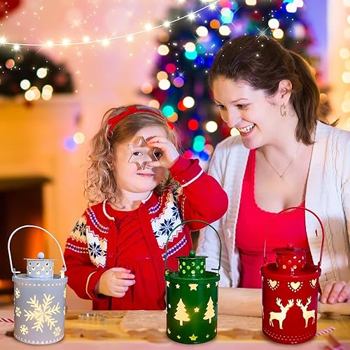 Miniatura 7 de YBB Juego de 3 linternas decorativas de Navidad, linternas de vela sin llama, operadas por batería, colgantes, de metal, con LED, para centro de