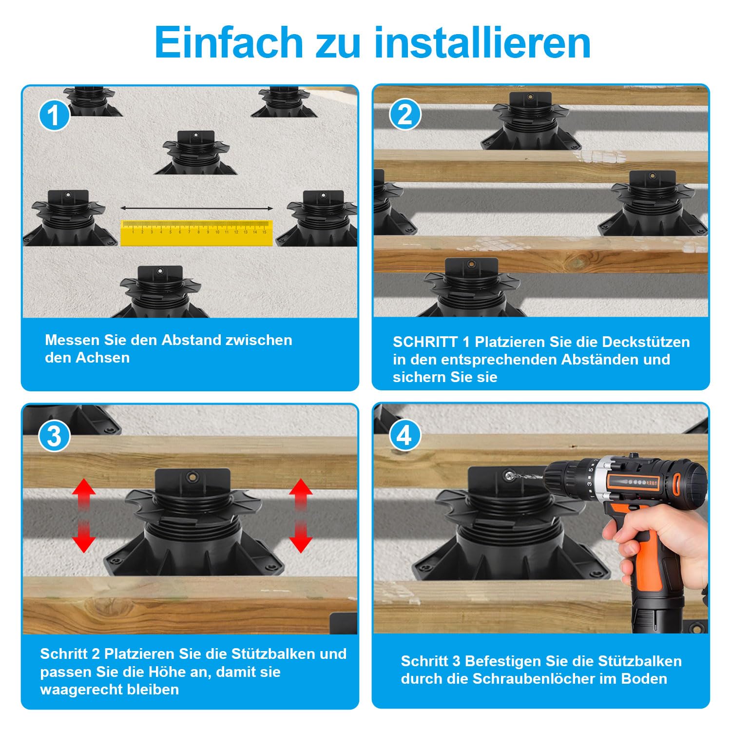 50 x Stelzlager Höhenausgleich 18-140 mm Höhe wählbar Stellfüße justierbarer Plattenlager Terrassenlager für Terrassendielen-Unterkonstruktion Holz WPC, Größe:18-30 mm