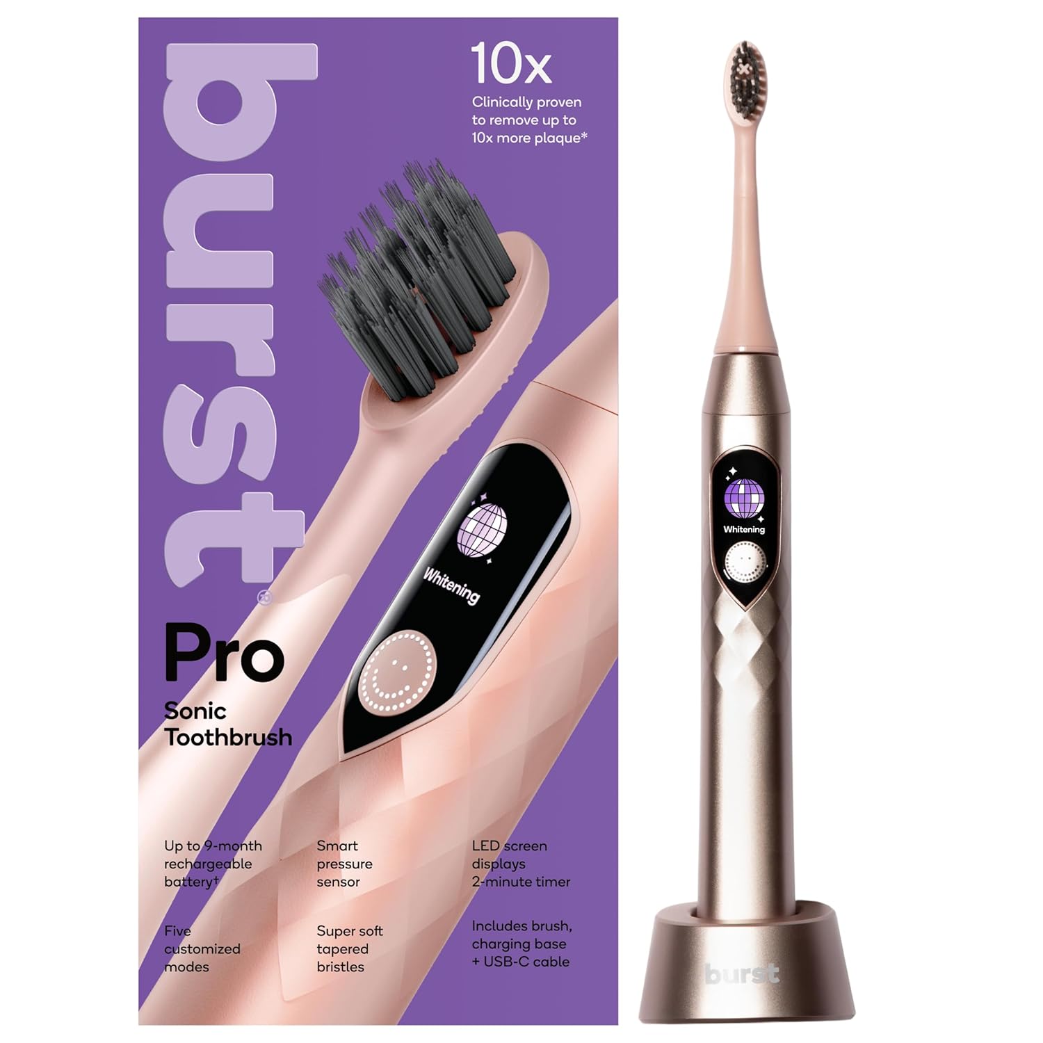 Burst Pro Sonic Advanced Electric Toothbrush for Adults Rose Gold Soft Bristles 33 000 Vibrations Long-Lasting Battery and
