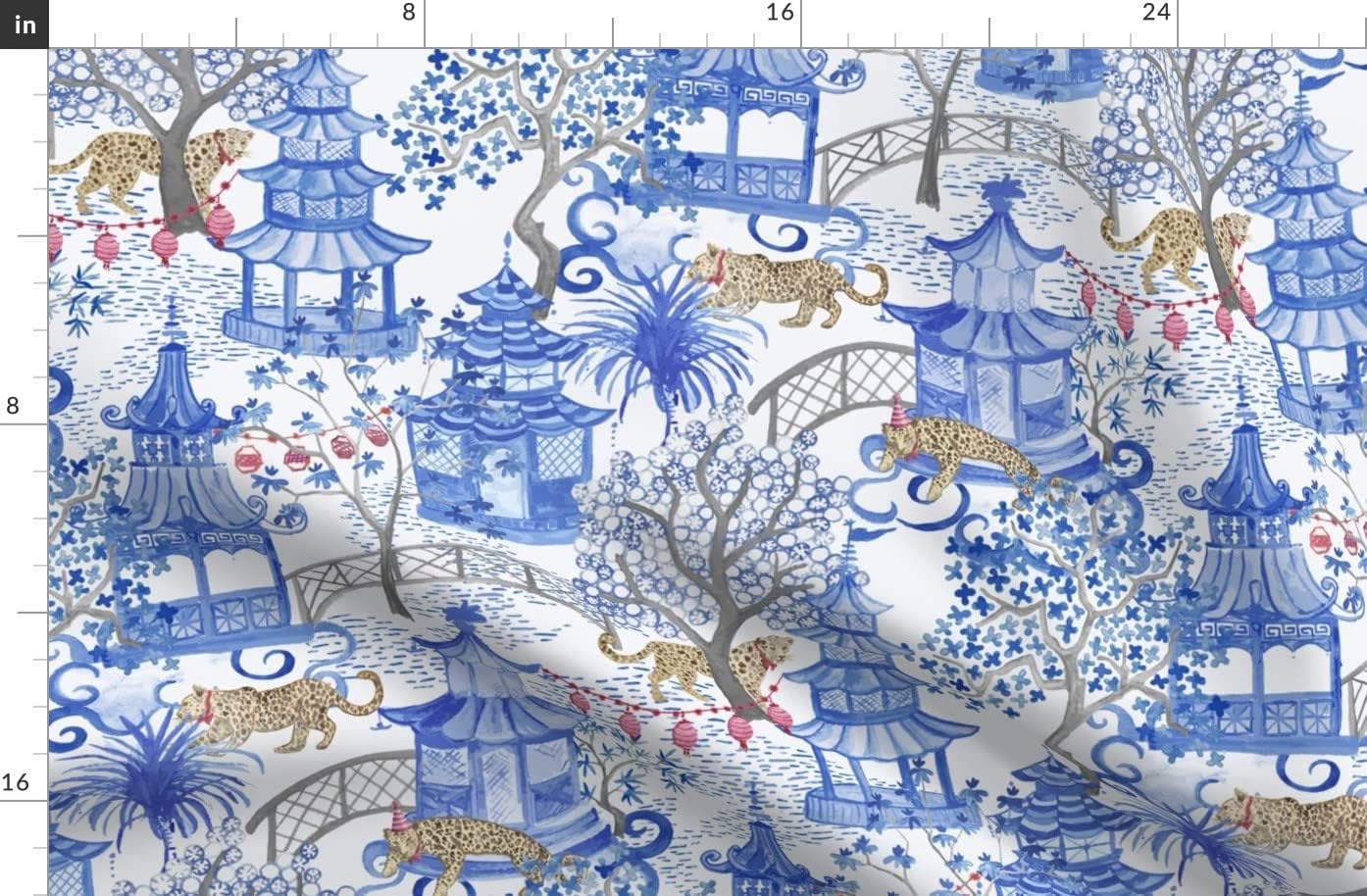 Spoonflower Fabric - Pagoda Forest Chinese Chinoiserie Lanterns Leopard Blue White Toile Printed on Organic Cotton Sateen Fabric by The Yard - Sewing Quilting Apparel Home Decor