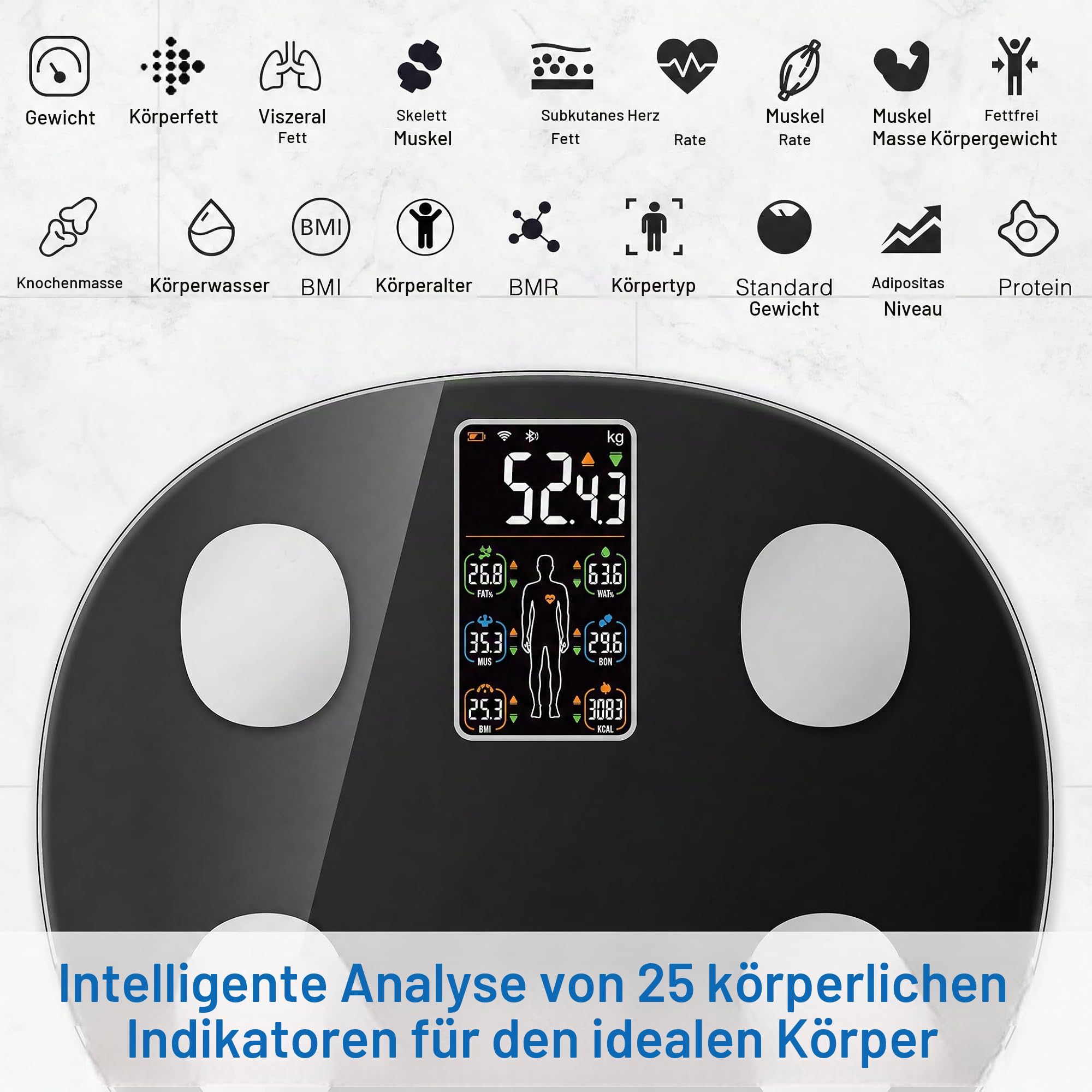 INSMART Körperfettwaage, Waage Personen mit Bluetooth und App, 25 Körperwerte, Digitale Personenwaage für Bad & Fitnessstudio… – Ansicht 2