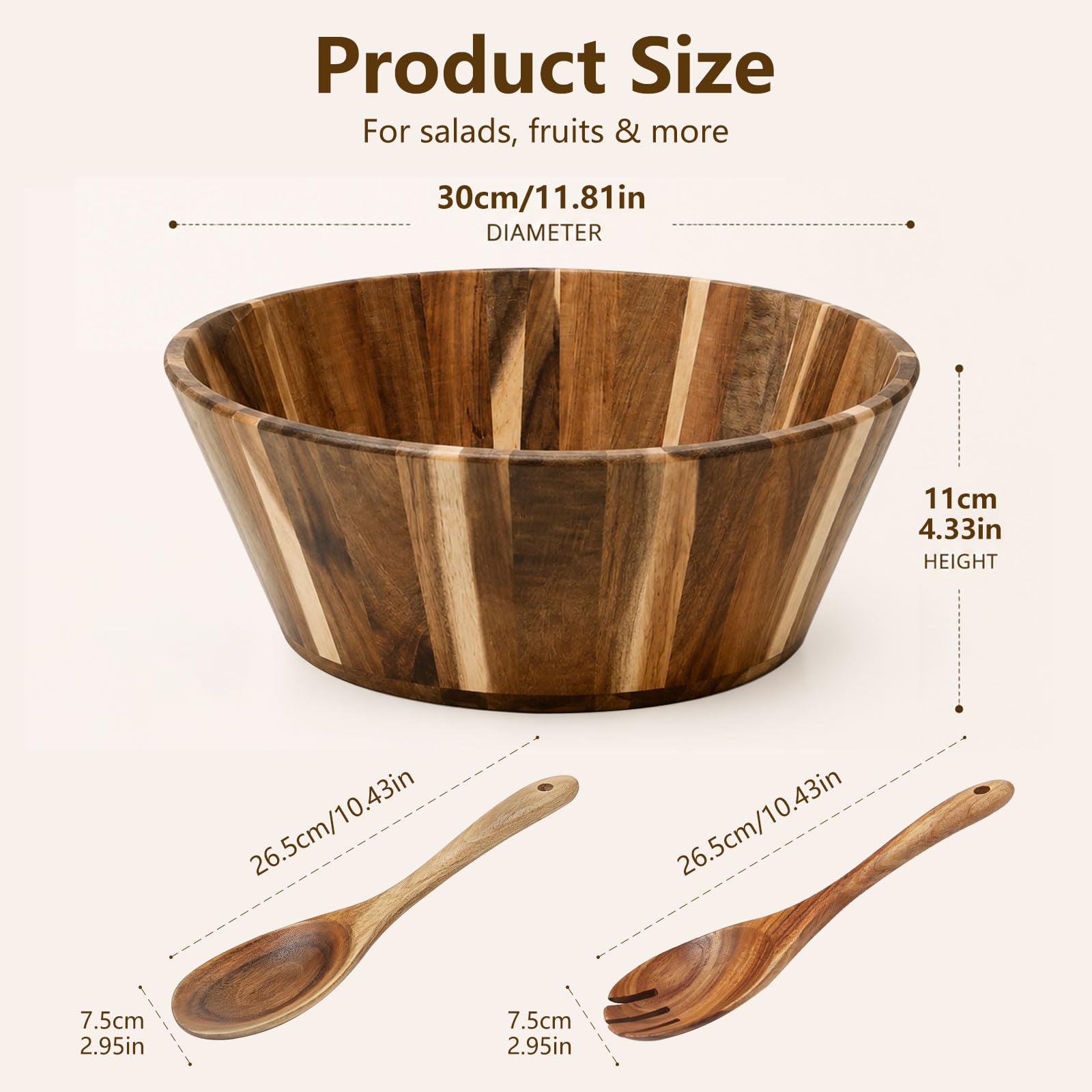Insalatiera in Legno di Acacia Ciotola in Legno di Acacia | Grande, decorativo, in legno di acacia, rotondo, con forchette e cucchiai di legno, per frutta, insalata e pane