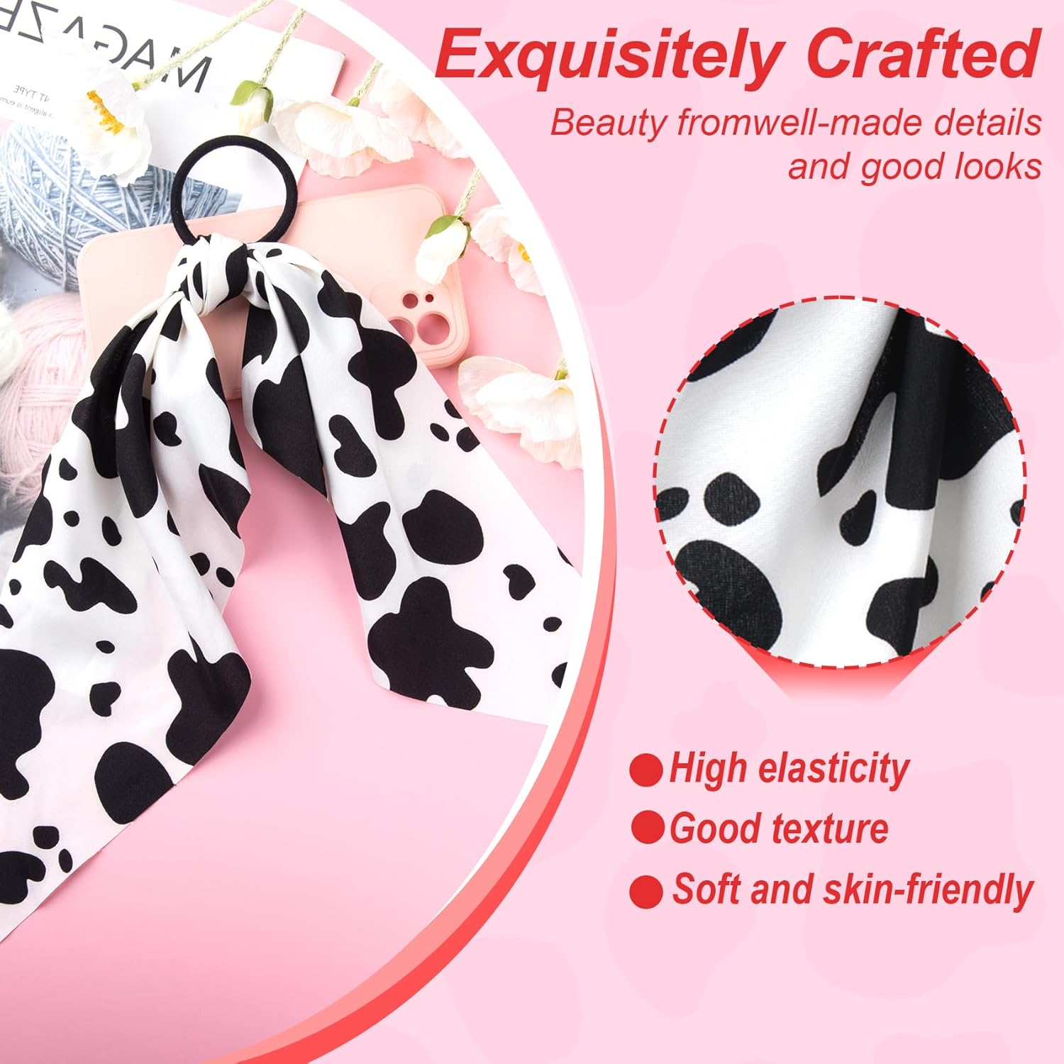 2 Pcs Cow Print Bow, Cow Print Bandana, Rabbit Bunny Ear Bow Bowknot Scrunchie, Cow Print Hair Accessories for Women, Long, Short, Curly, Straight Hair - Image 3