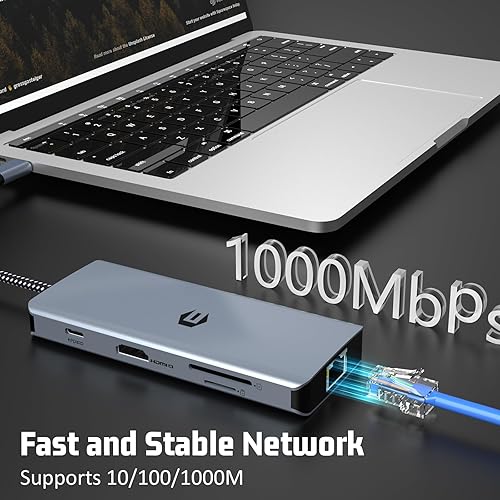 Miniatura 4 de Tymyp Hub USB C, adaptador USB C 8 en 1, doble pantalla 4K HDMI, USB C Dock para Mac ProAir (red, USB 2.0, USB 3.0 de 5 Gbps, PD 100W, lector SDTF)