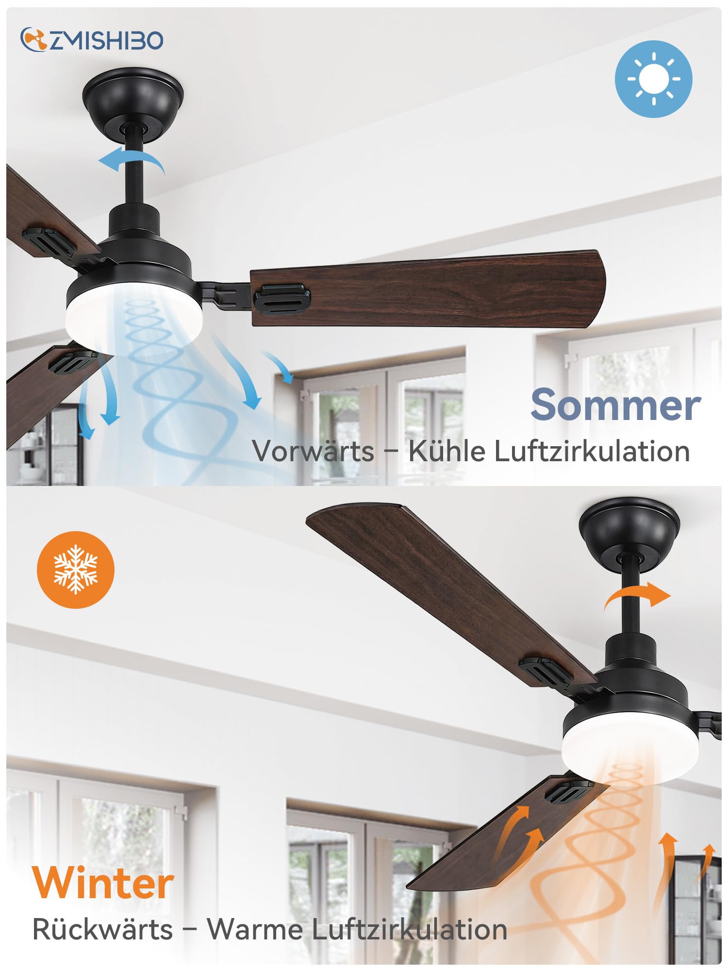 ZMISHIBO Deckenventilator mit LED-Licht 132 cm,Fernbedienung,2 Stangen,Innen & Außen,CCT 3000K-6000K,DC-Motor umkehrbar,leise,6 Geschwindigkeiten,Timer 1 h / 4 h / 8 h,Schwarz + Nussbaum