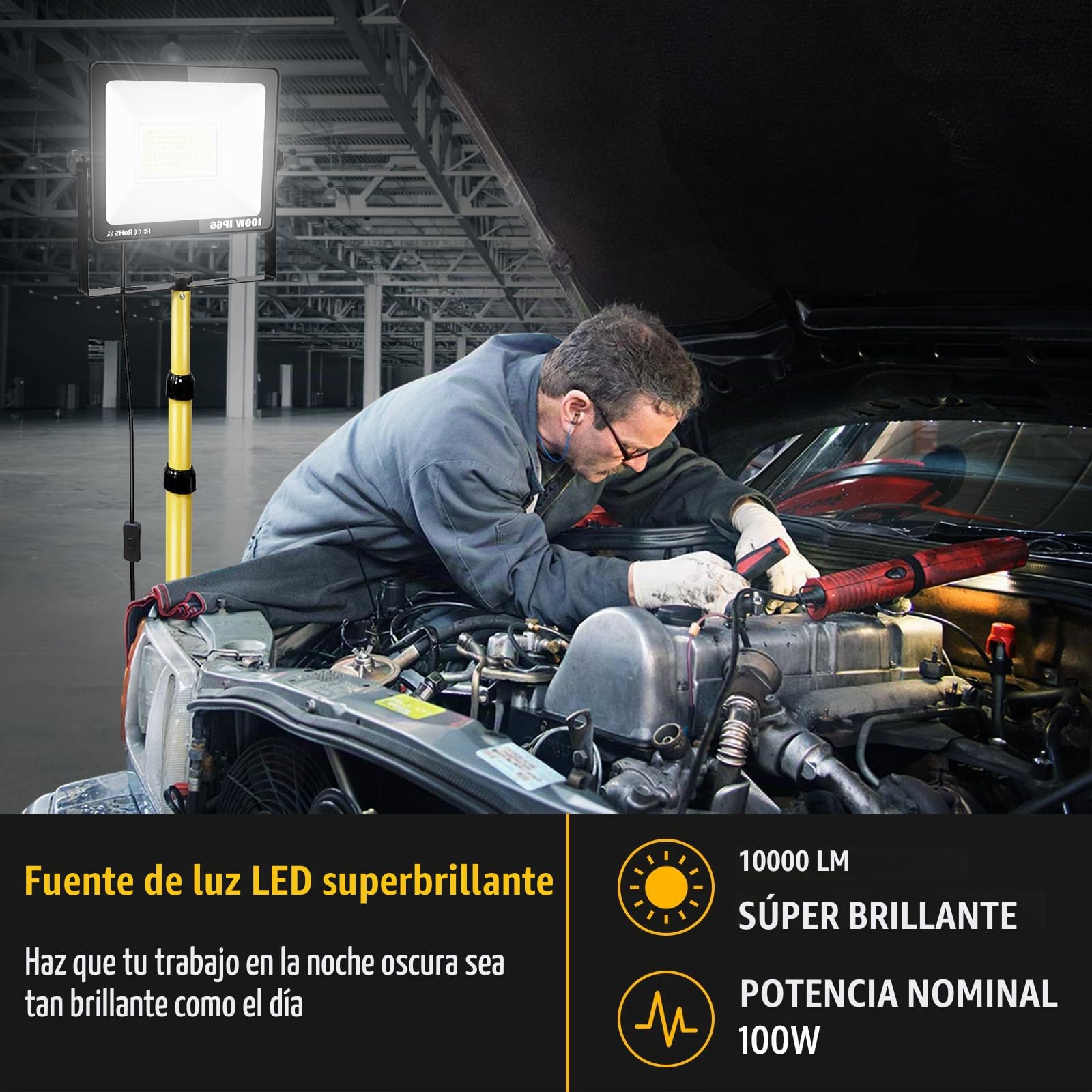 RIGIDON 100W 10000lm foco led trípode telescópico, luz de trabajo portátil | cable de 5 metros, altura ajustable de 102 a 193 cm, proyector led, para taller mecanico obra de construcción garaje jardín