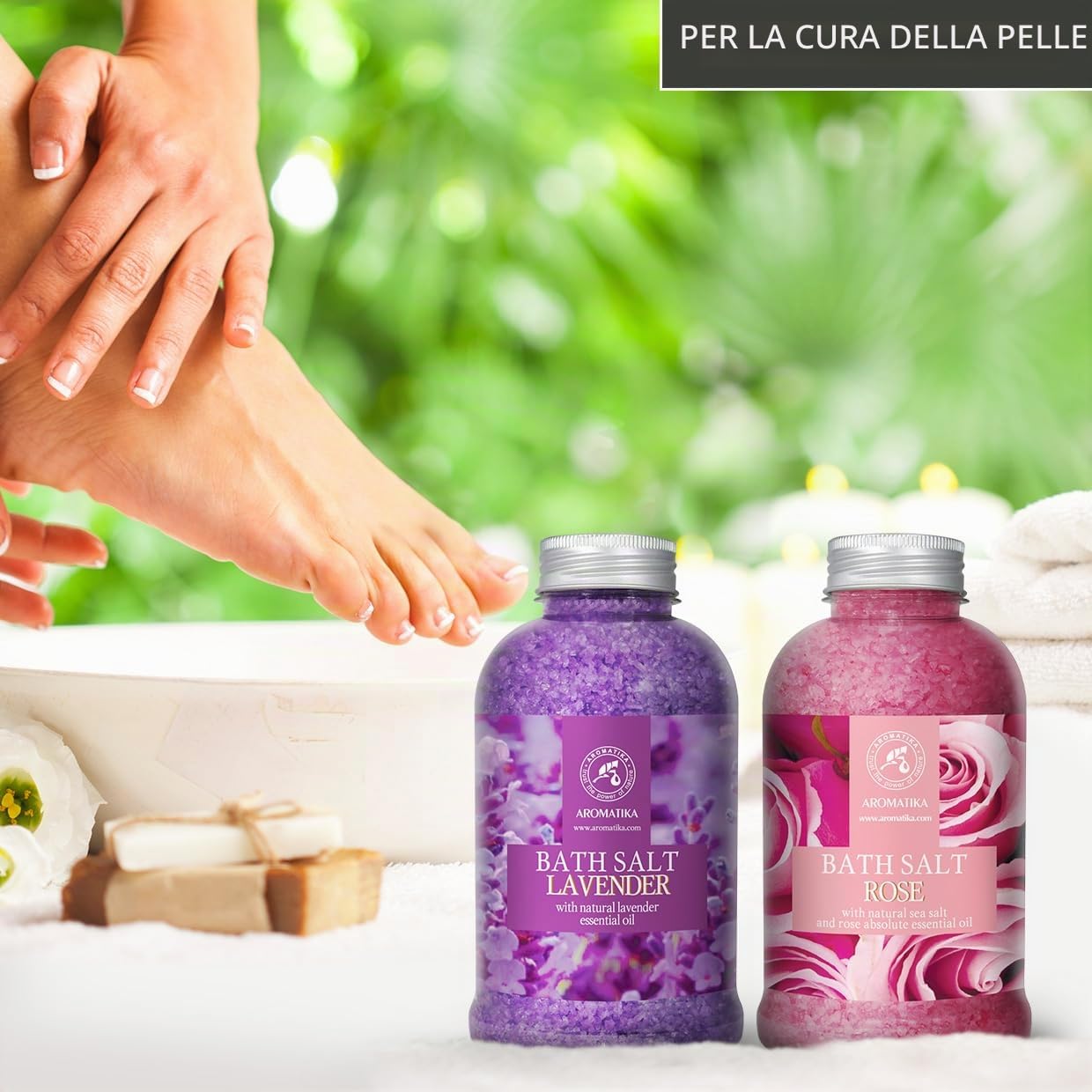 Sali da Bagno Set Lavanda & Rosa 2х600g - Sale Marino con Olio Essenziale di Lavanda - con Olio Essenziale Assoluto di Rosa - Cura del Corpo - Rilassamento - Bellezza - Aromaterapia