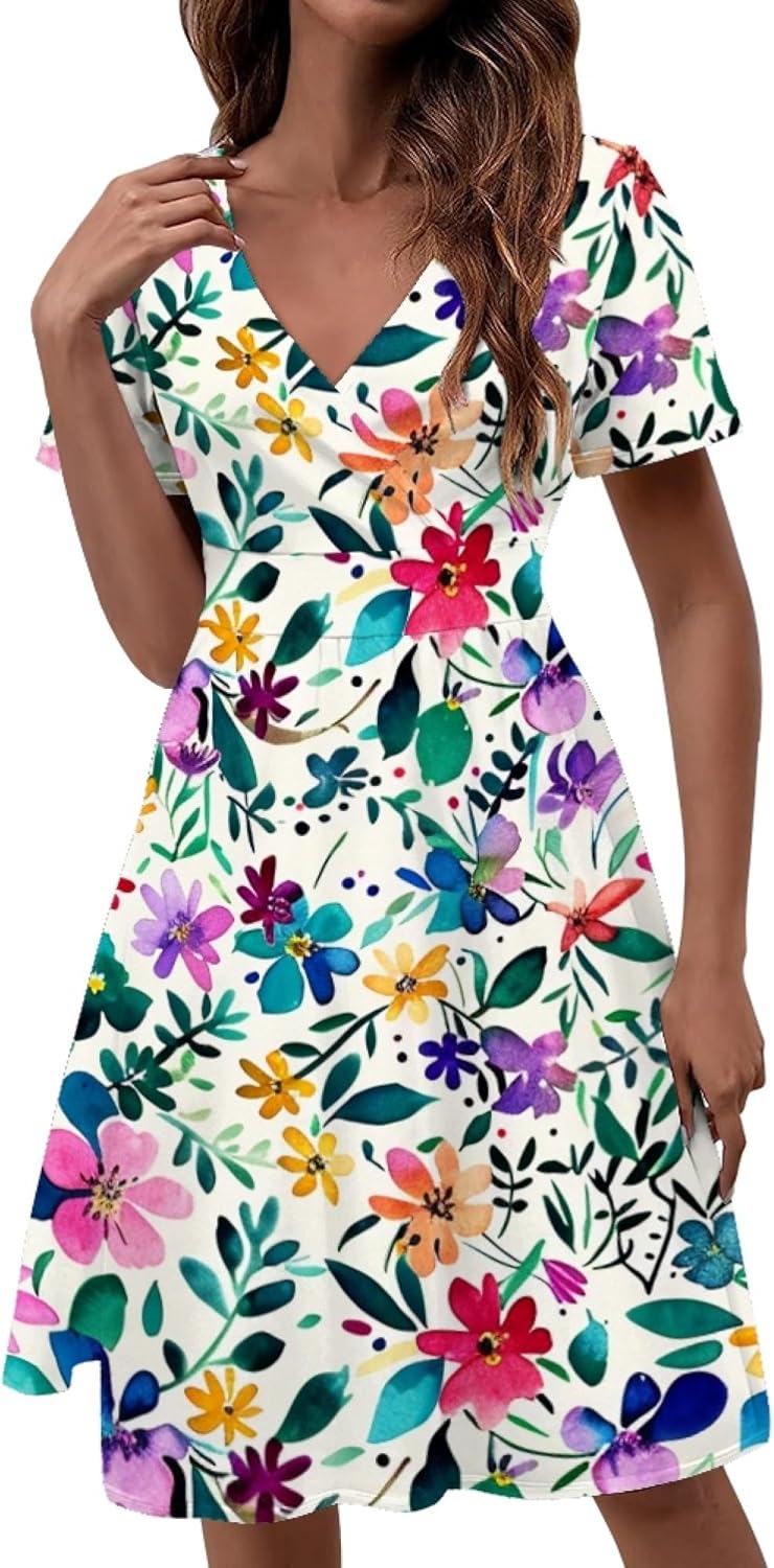 Easter Dress for Women 2025 Floral Print Short Sleeve V Neck A Line Empire Waist Ca...