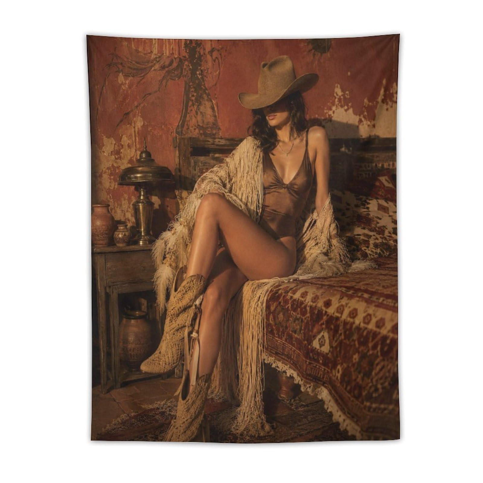 H3B8U2Y5 Western Cowgirl Portrait Wall Tapestry, Cactus Desert Mood