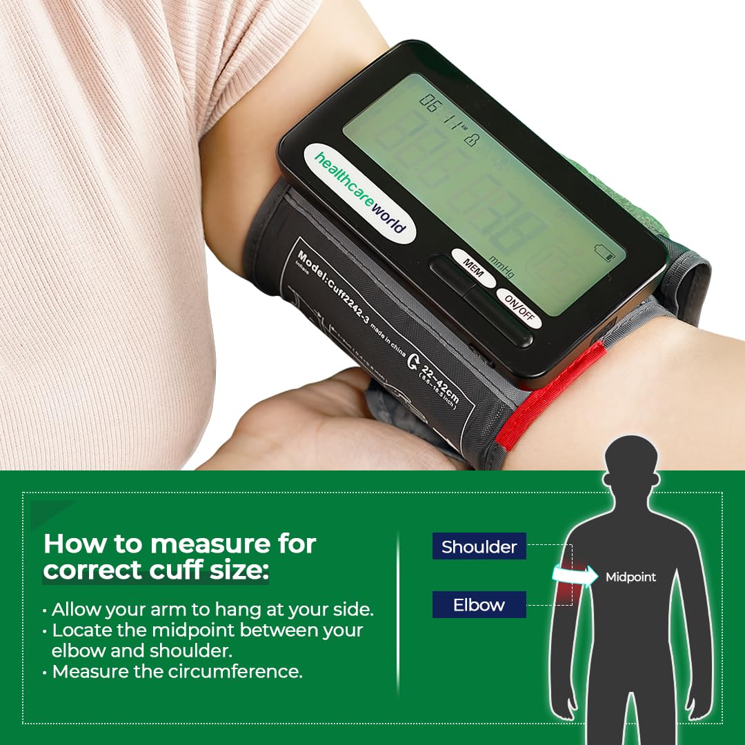 Healthcare World Monitor de presión arterial recargable para uso doméstico, puño ajustable y pantalla LCD brillante para personas mayores, 20 grupos de memoria, inflado automático, monitor de presión