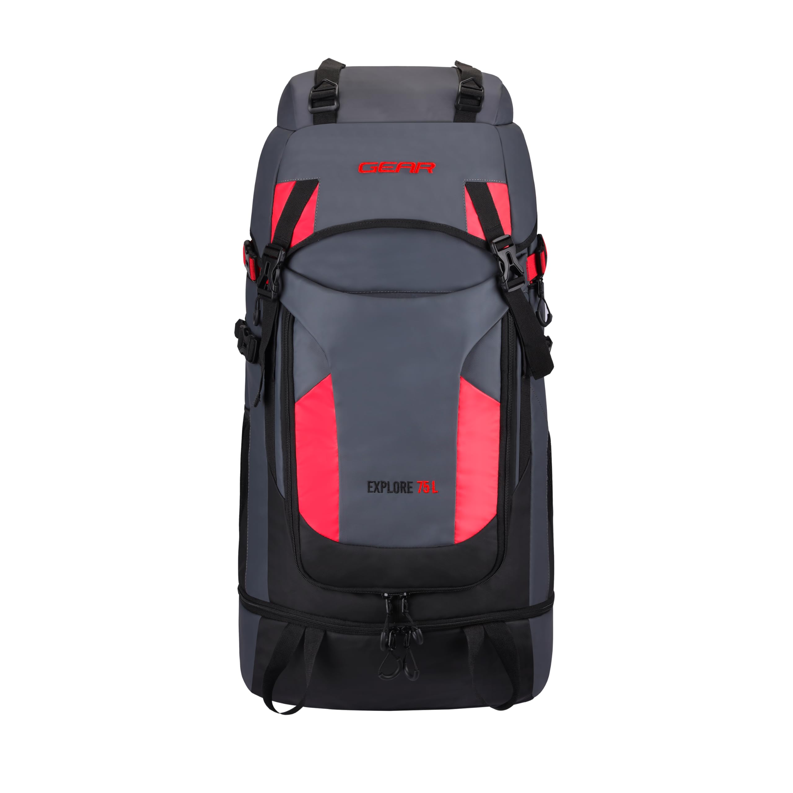 Gear Explore 75L Extra Large Water Resistant Rucksack/Travel bag/For Men & Women(Grey - Red)