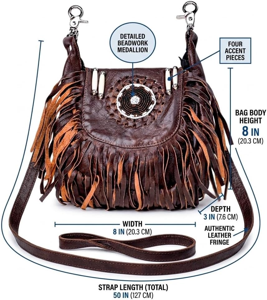 Women’s Genuine Leather Crossbody Belt Bag with Fur Fringe, Braided Bead Handcrafted Design, Clip-On Hip Fanny Pack with Jeans Loop, (J2400LB, Brown)