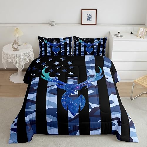 Juego de edredón de camuflaje con ciervo, tamaño matrimonial, juego de ropa de cama con bandera de Estados Unidos de color azul militar para niños,