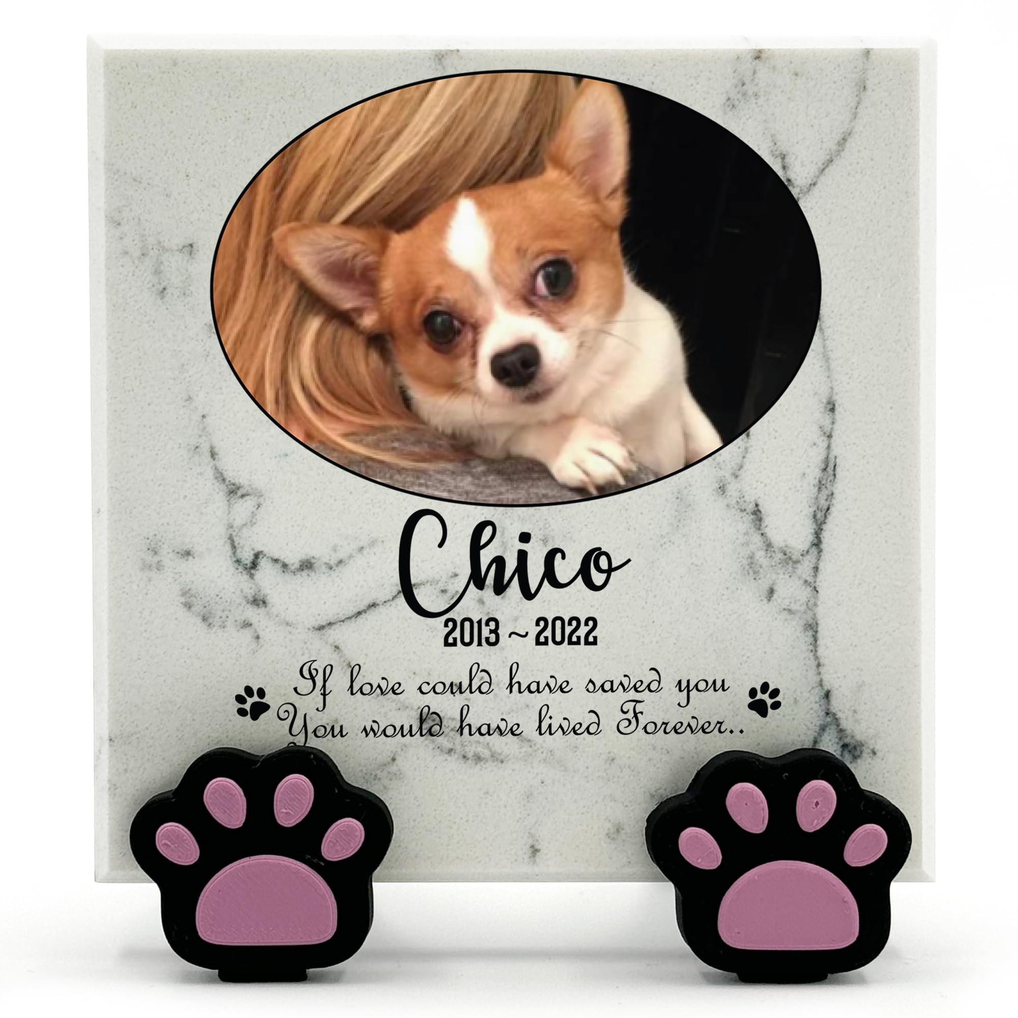 TULLUN Personalised Memorial White Marble Stone Plaque With Paw Dispaly Stand For Pet Cat Dog Grave Marker - Size |4" x 4" or 10 x 10 cm|- Oval Photo